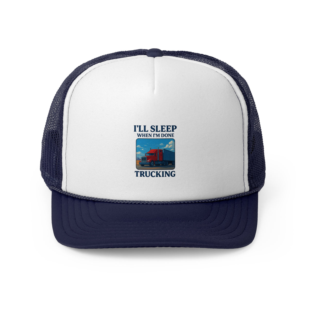 Black trucker cap with "I'll Sleep When I'm Done Trucking" slogan, featuring mesh back and adjustable snap closure.