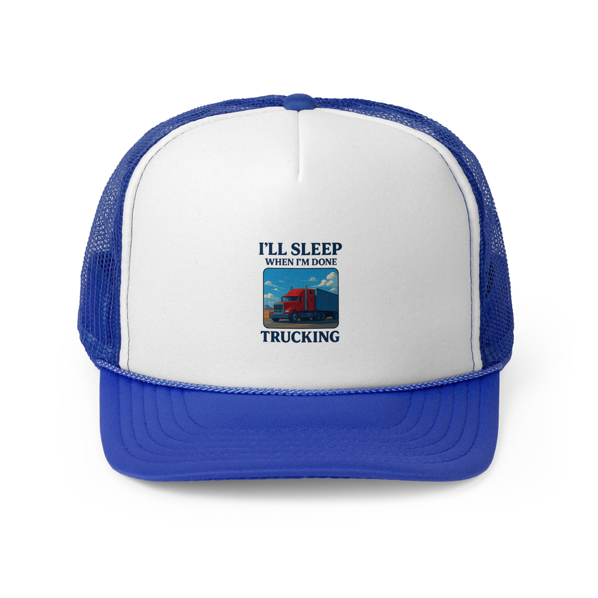 Black trucker cap with "I'll Sleep When I'm Done Trucking" slogan, casual hat for truck drivers by Printify.