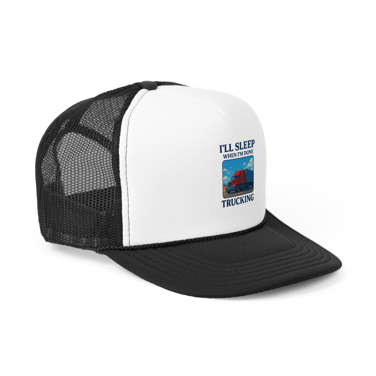Black trucker cap with "I'll Sleep When I'm Done Trucking" slogan, designed for truck drivers, featuring a mesh back and adjustable strap.