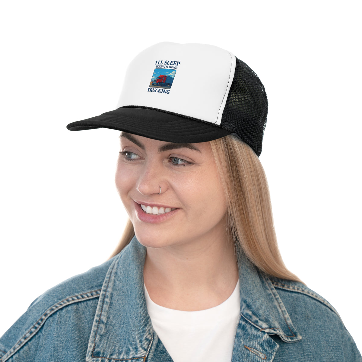 Black trucker cap with "I'll Sleep When I'm Done Trucking" slogan, adjustable one-size hats for truck drivers by Printify.