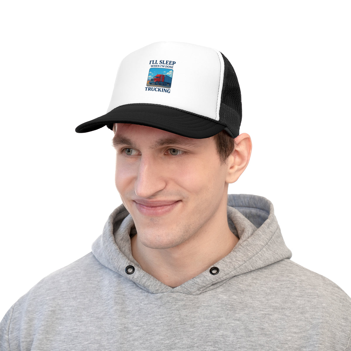 Black trucker cap featuring "I'll Sleep When I'm Done Trucking" slogan, perfect for truck drivers, by Printify.