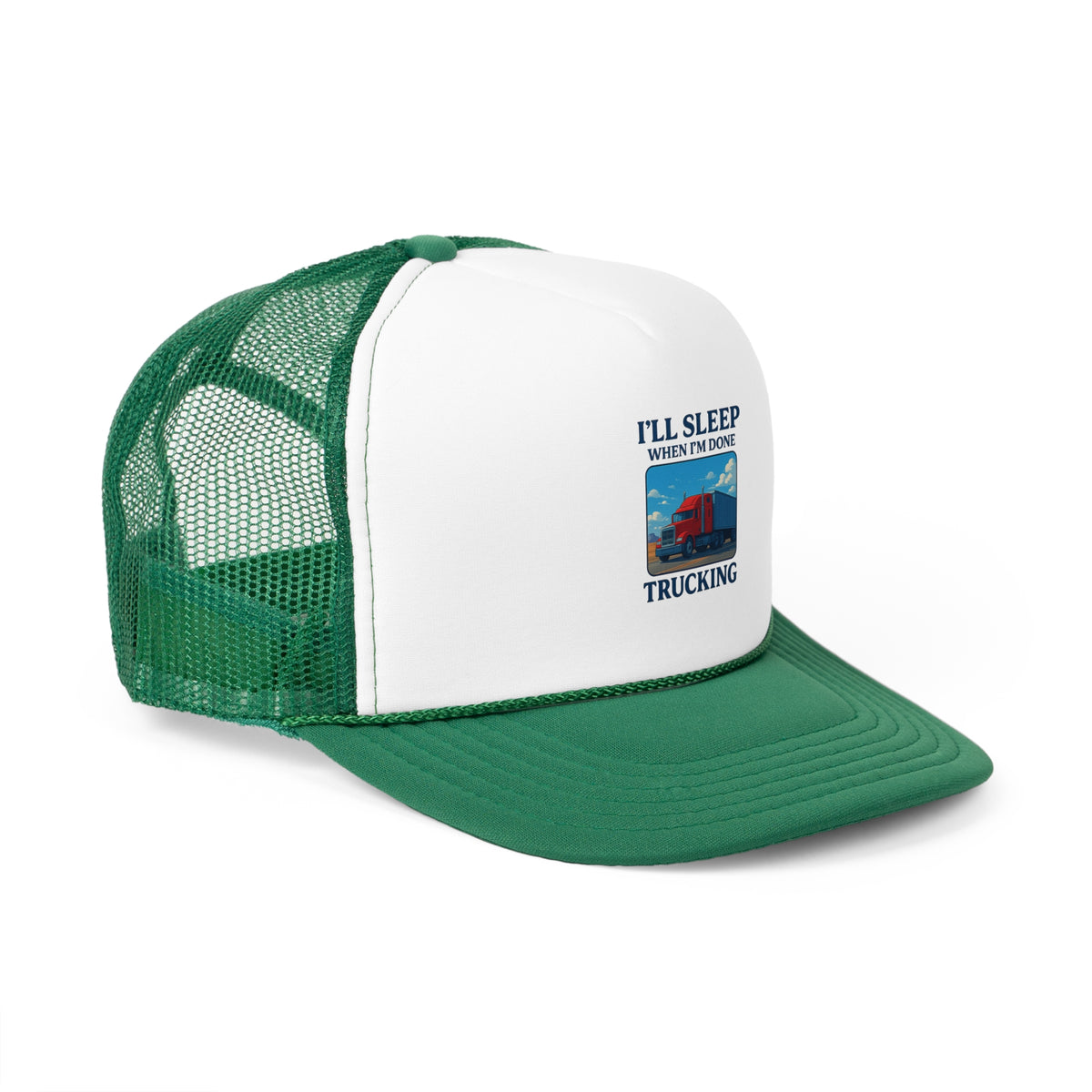 Black trucker cap with "I'll Sleep When I'm Done Trucking" slogan, casual hat designed for truck drivers by Printify.