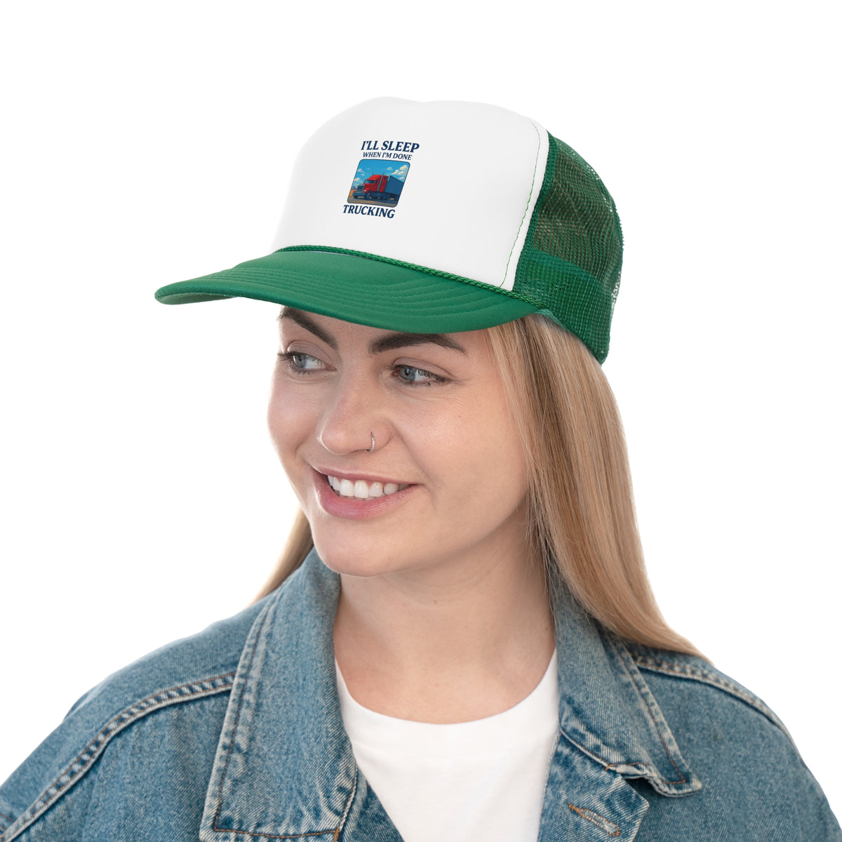 Black trucker cap with "I'll Sleep When I'm Done Trucking" slogan, ideal for truck drivers, featuring a classic mesh back and adjustable fit.