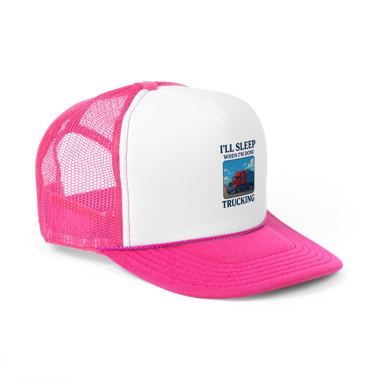 Black trucker cap with "I'll Sleep When I'm Done Trucking" slogan, designed for truck drivers, by Printify.