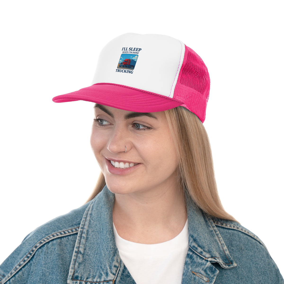 Black trucker cap with "I'll Sleep When I'm Done Trucking" slogan, stylish hats ideal for truck drivers, by Printify.