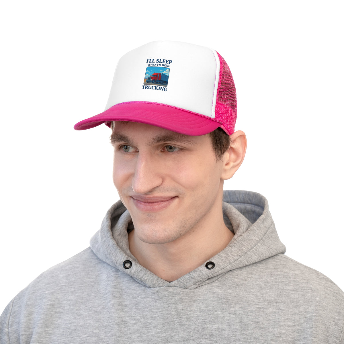 Black trucker cap with "I'll Sleep When I'm Done Trucking" slogan, stylish truck driver hat by Printify, adjustable one size.
