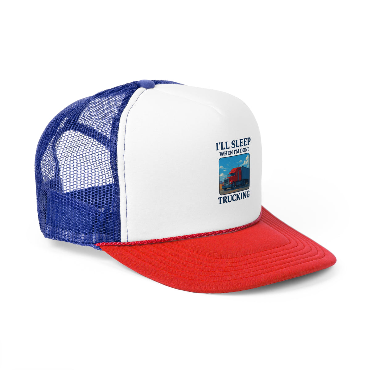 Black trucker cap with "I'll Sleep When I'm Done Trucking" slogan, featuring mesh back and adjustable strap, ideal for truck drivers.