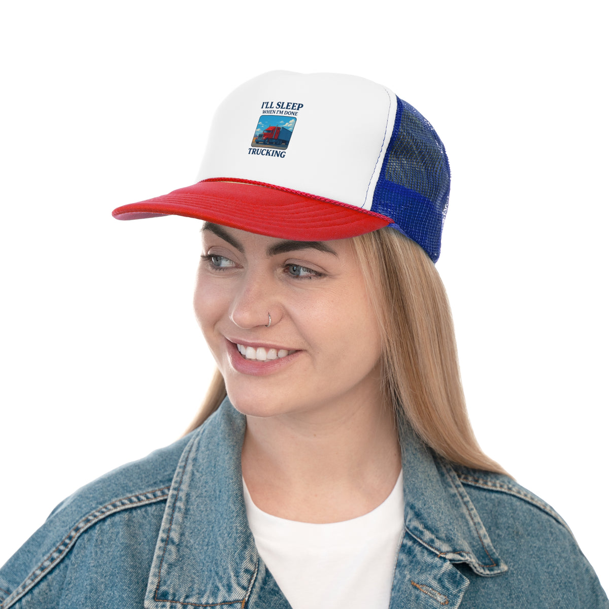 Black trucker cap with "I'll Sleep When I'm Done Trucking" slogan, featuring adjustable one-size fit, ideal for truck drivers.