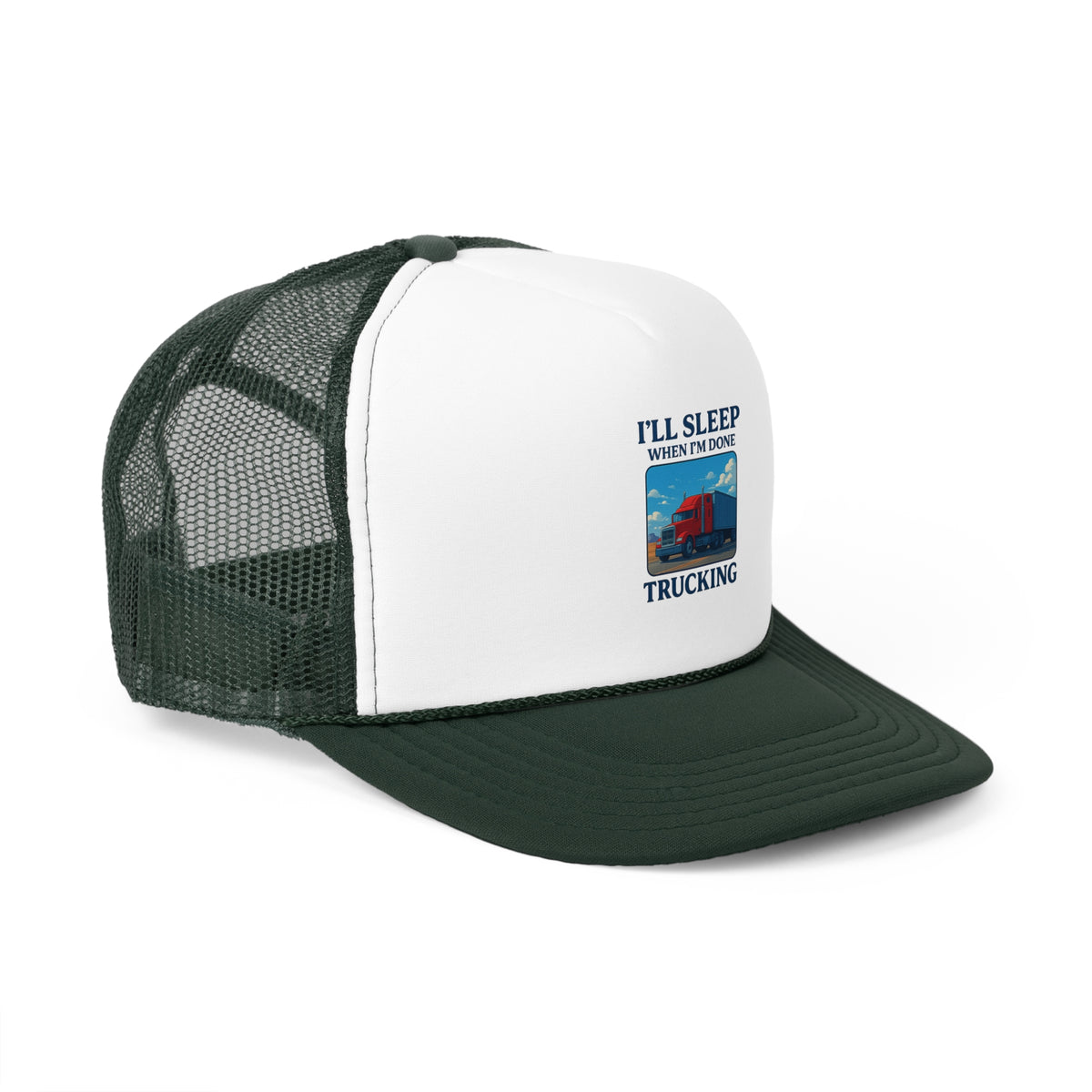 Black trucker cap with "I'll Sleep When I'm Done Trucking" slogan, designed for truck drivers, featuring a classic mesh back.