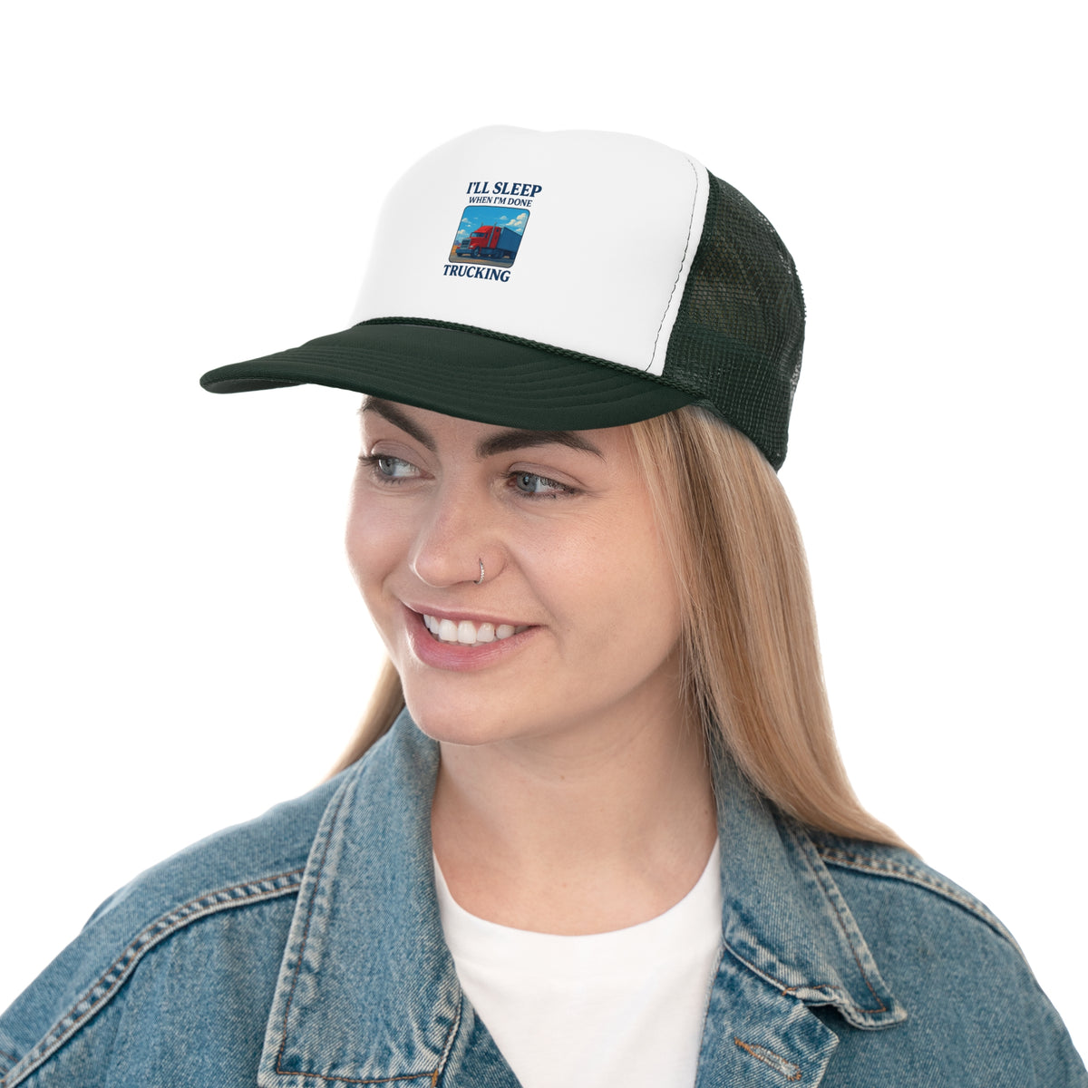 Black trucker cap with "I'll Sleep When I'm Done Trucking" slogan, designed for truck drivers, by Printify.