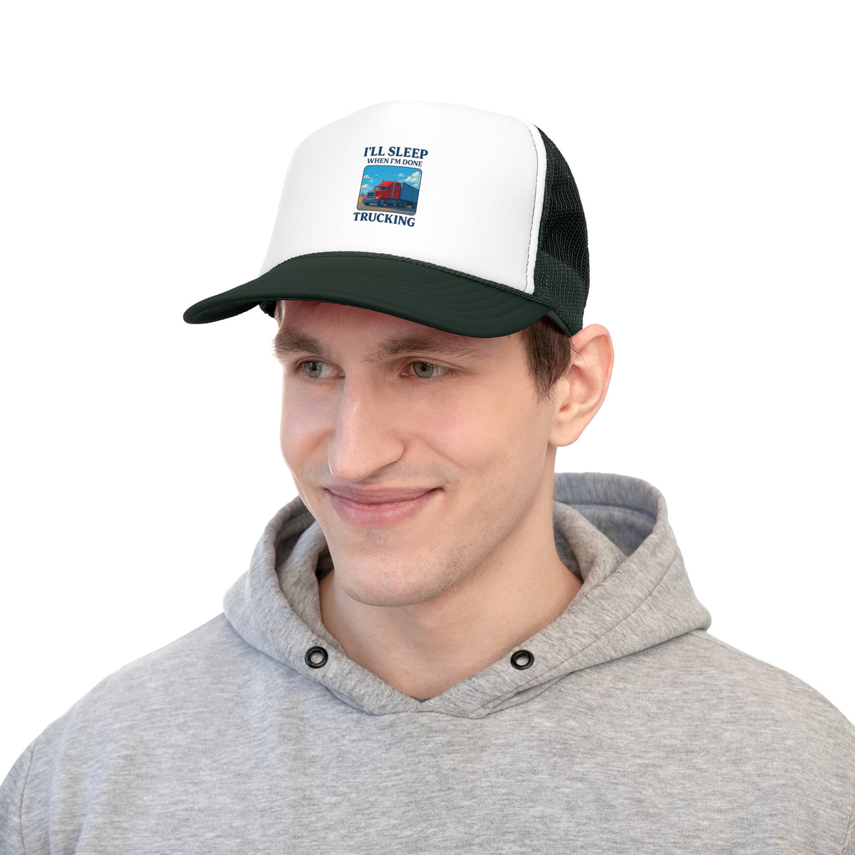 Black trucker cap with "I'll Sleep When I'm Done Trucking" slogan, designed for truck drivers, by Printify.