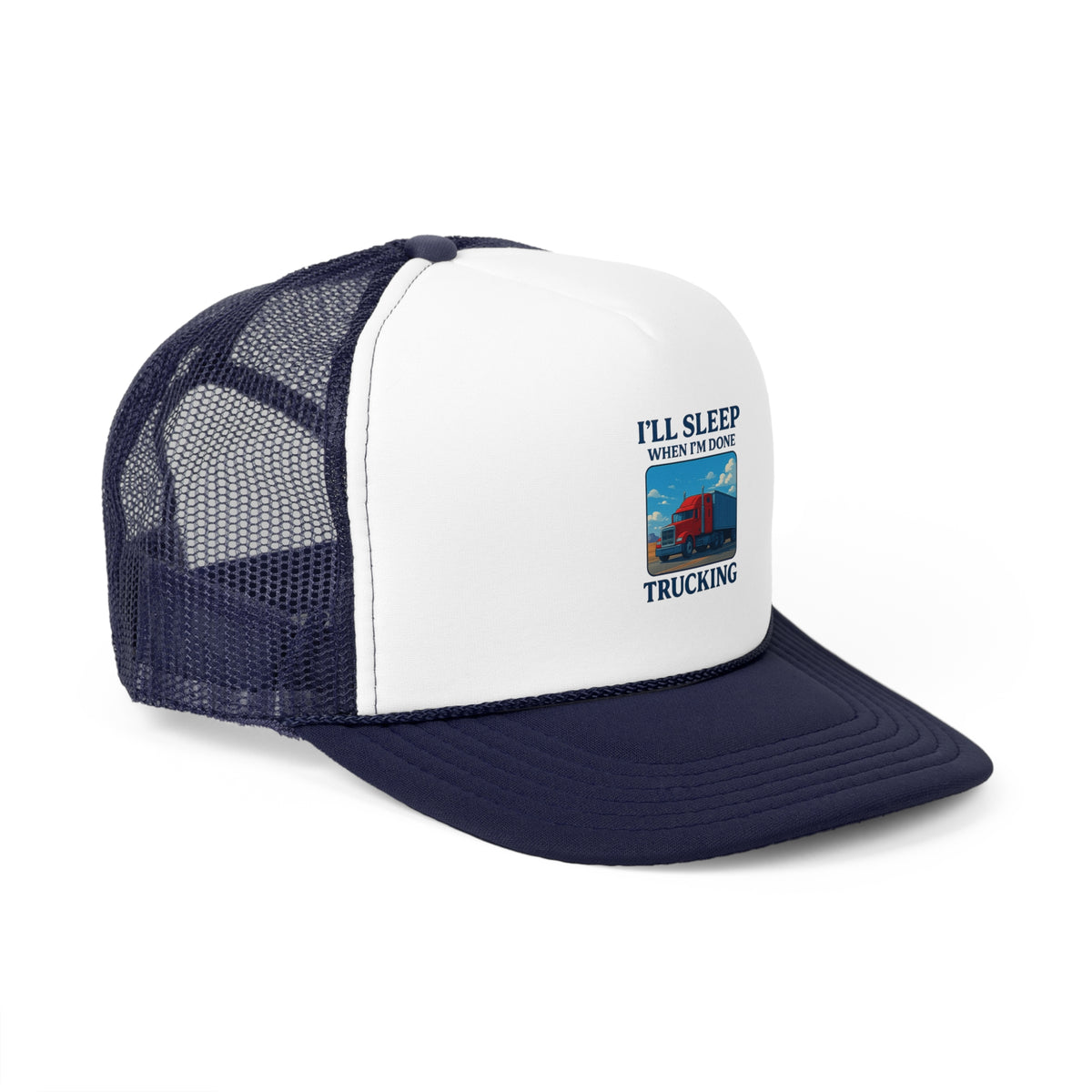 Black trucker cap with "I'll Sleep When I'm Done Trucking" slogan, designed for truck drivers, featuring breathable mesh and adjustable fit.
