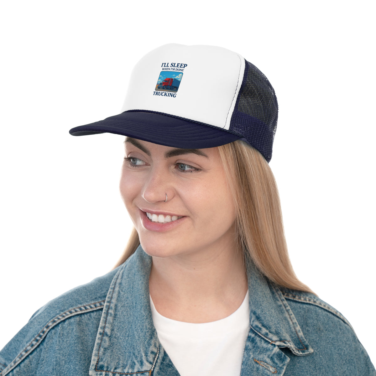 Black trucker cap with "I'll Sleep When I'm Done Trucking" slogan, designed for truck drivers, branded by Printify.