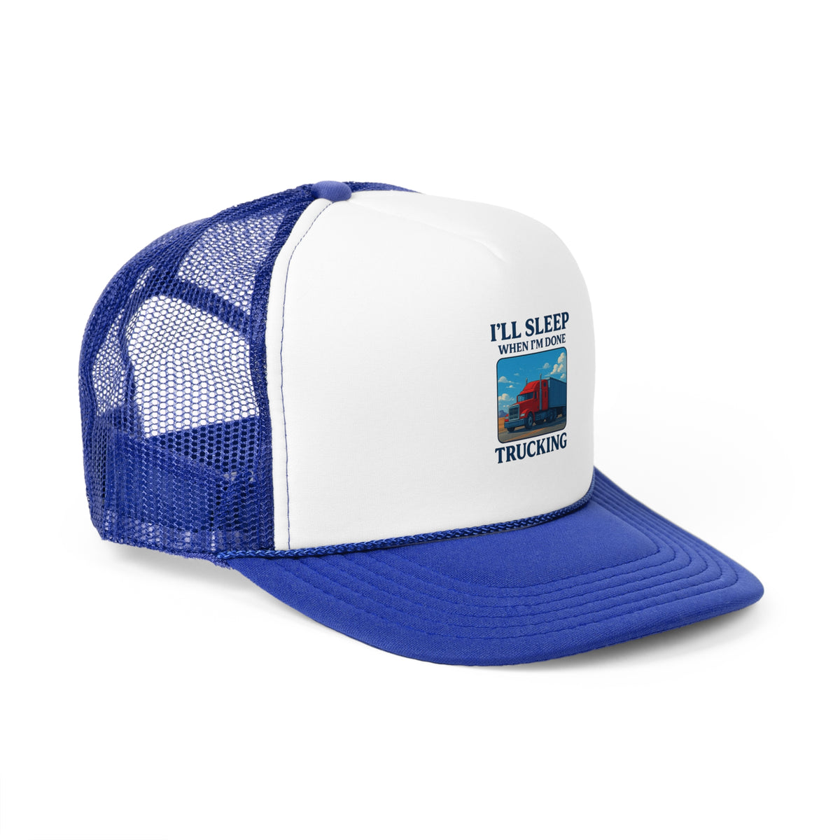 Black trucker cap with "I'll Sleep When I'm Done Trucking" slogan, designed for truck drivers, by Printify, featuring mesh back and adjustable fit.