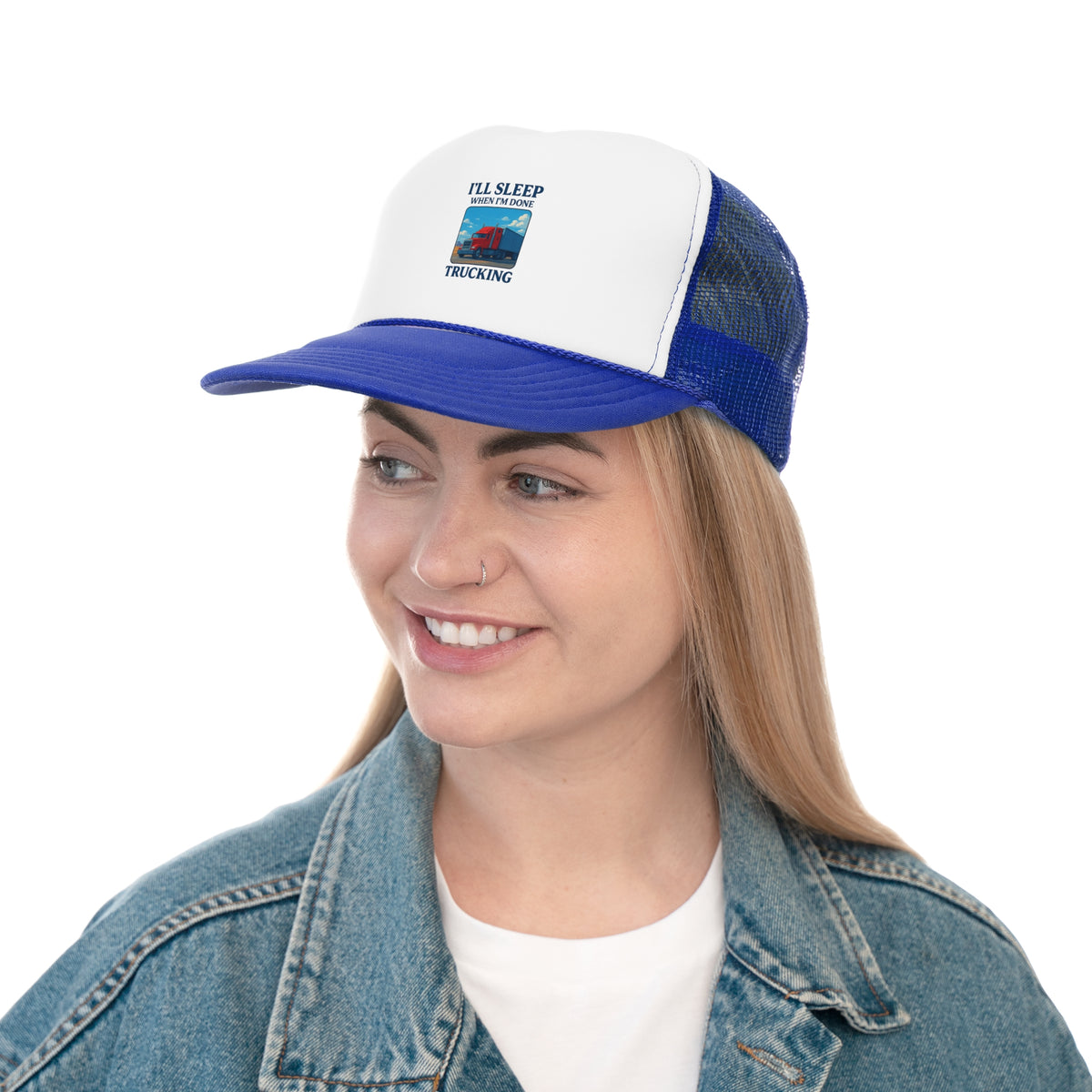 Black trucker cap with "I'll Sleep When I'm Done Trucking" slogan, featuring breathable mesh and adjustable snapback, ideal for truck drivers.