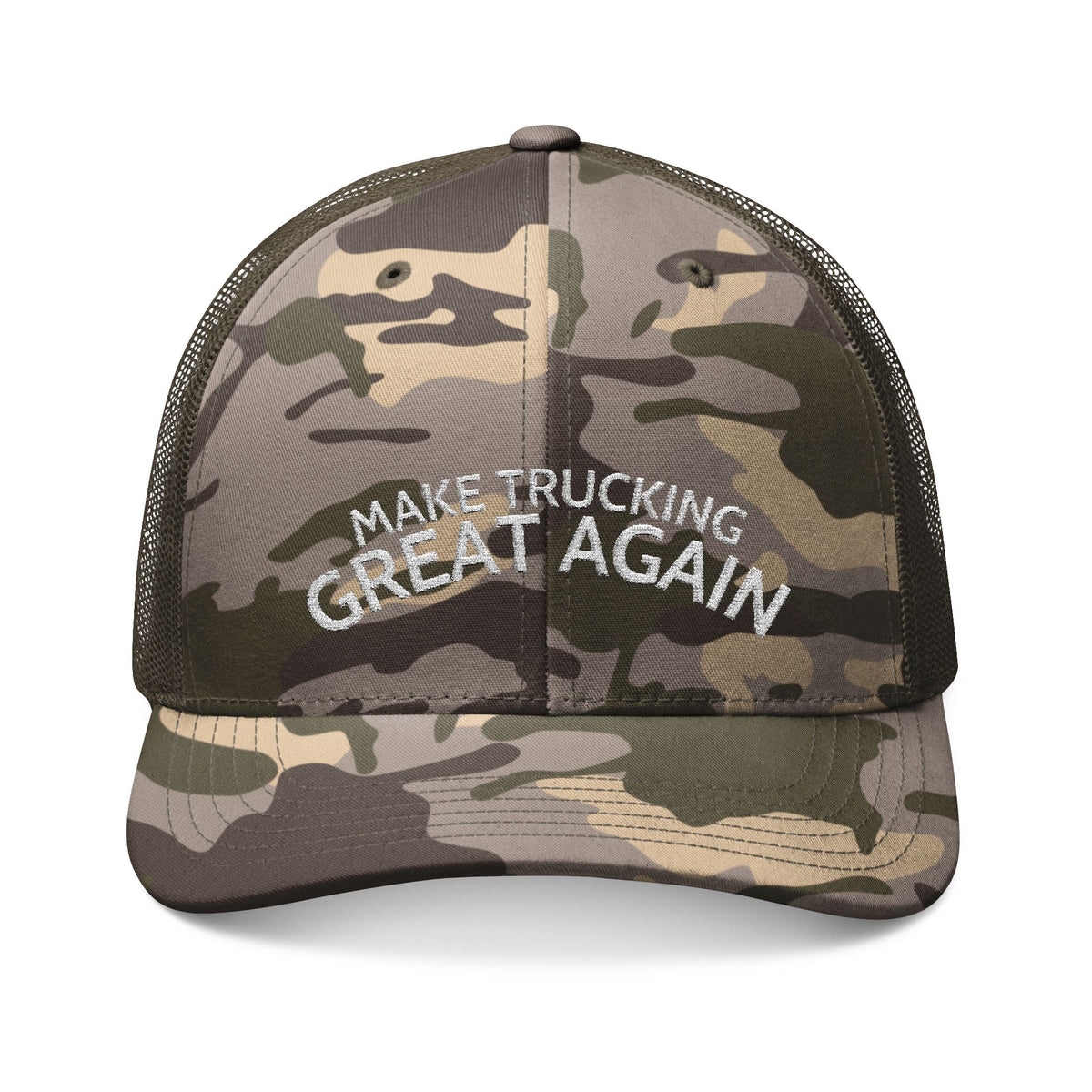 Black camo trucker hat with "Make Trucking Great Again" embroidered mesh cap, casual trucker hat by Printify.