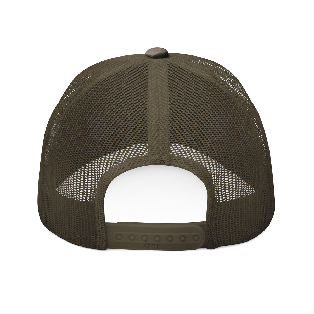 Black camo mesh trucker hat with embroidered "Make Trucking Great Again" slogan, casual style, by Printify.