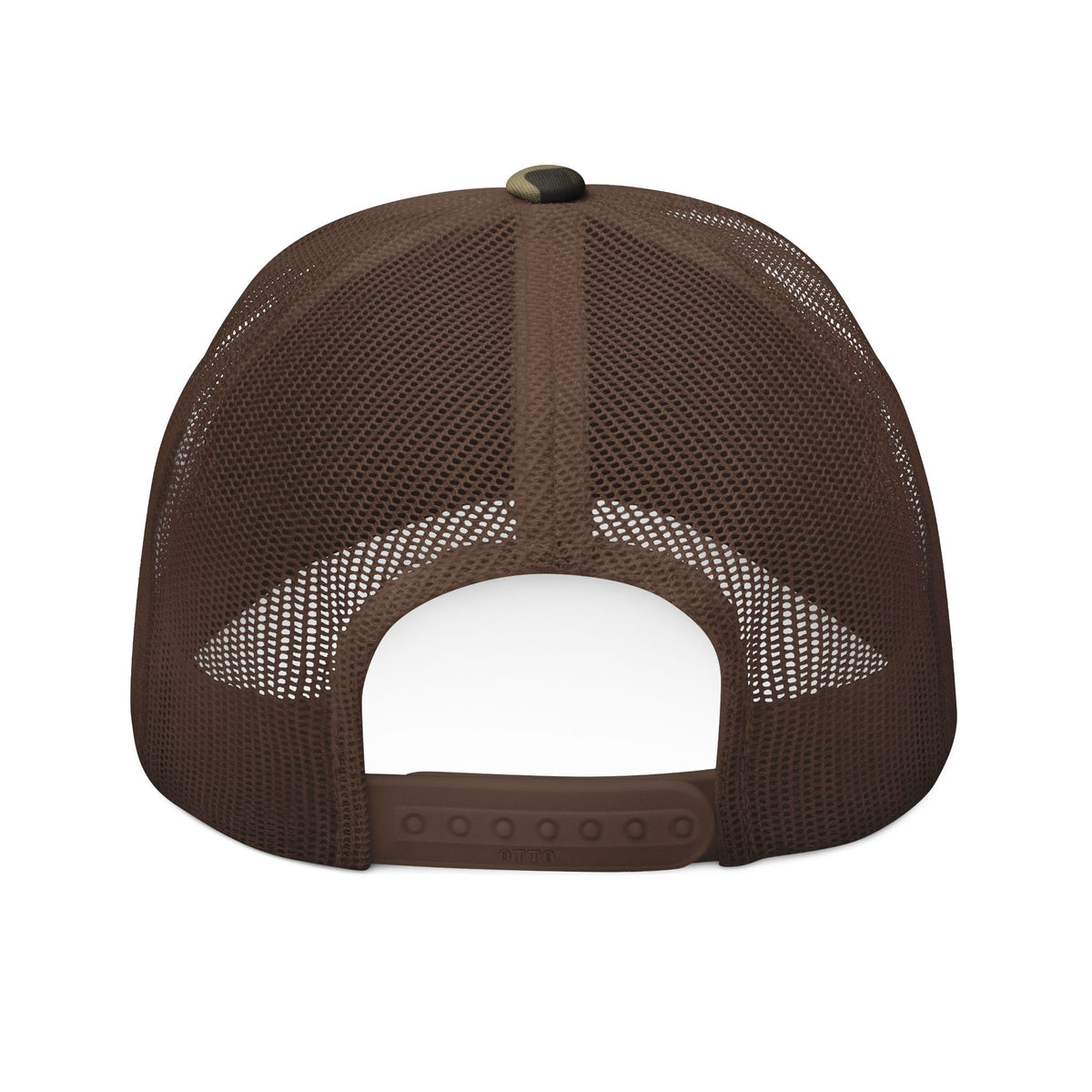 Black camouflage trucker hat with "Make Trucking Great Again" embroidered mesh cap by Printify, featuring adjustable one-size fit.
