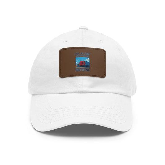 White trucking dad hat by Printify with a leather patch and full sleep design, featuring a relaxed, casual style.