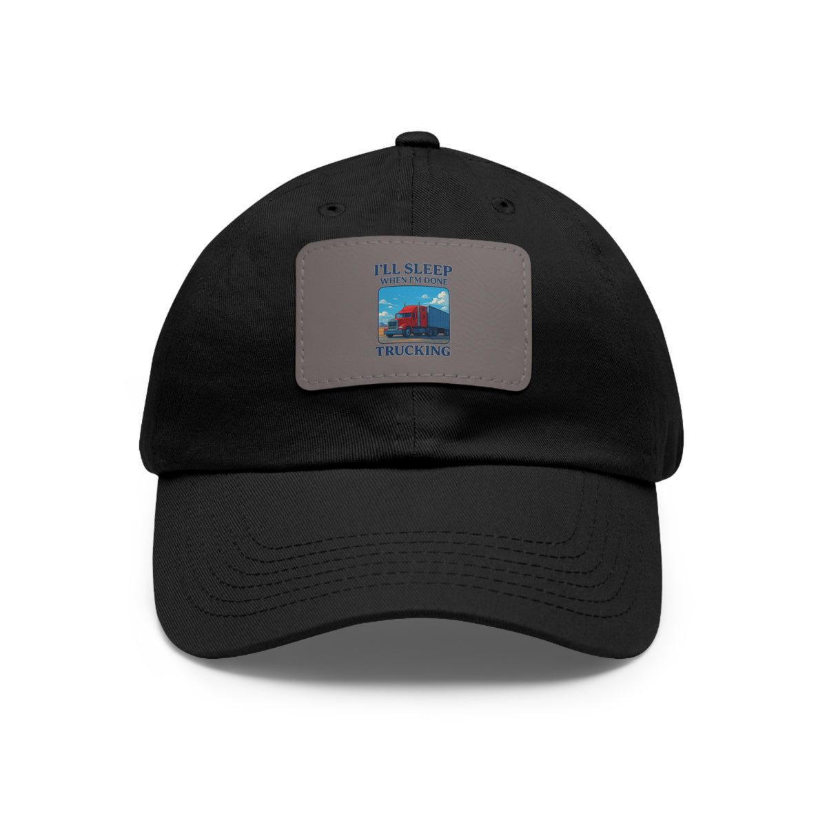 White trucking dad hat with leather patch and full sleep design, casual style, from Printify, featuring a rectangle patch on the front.