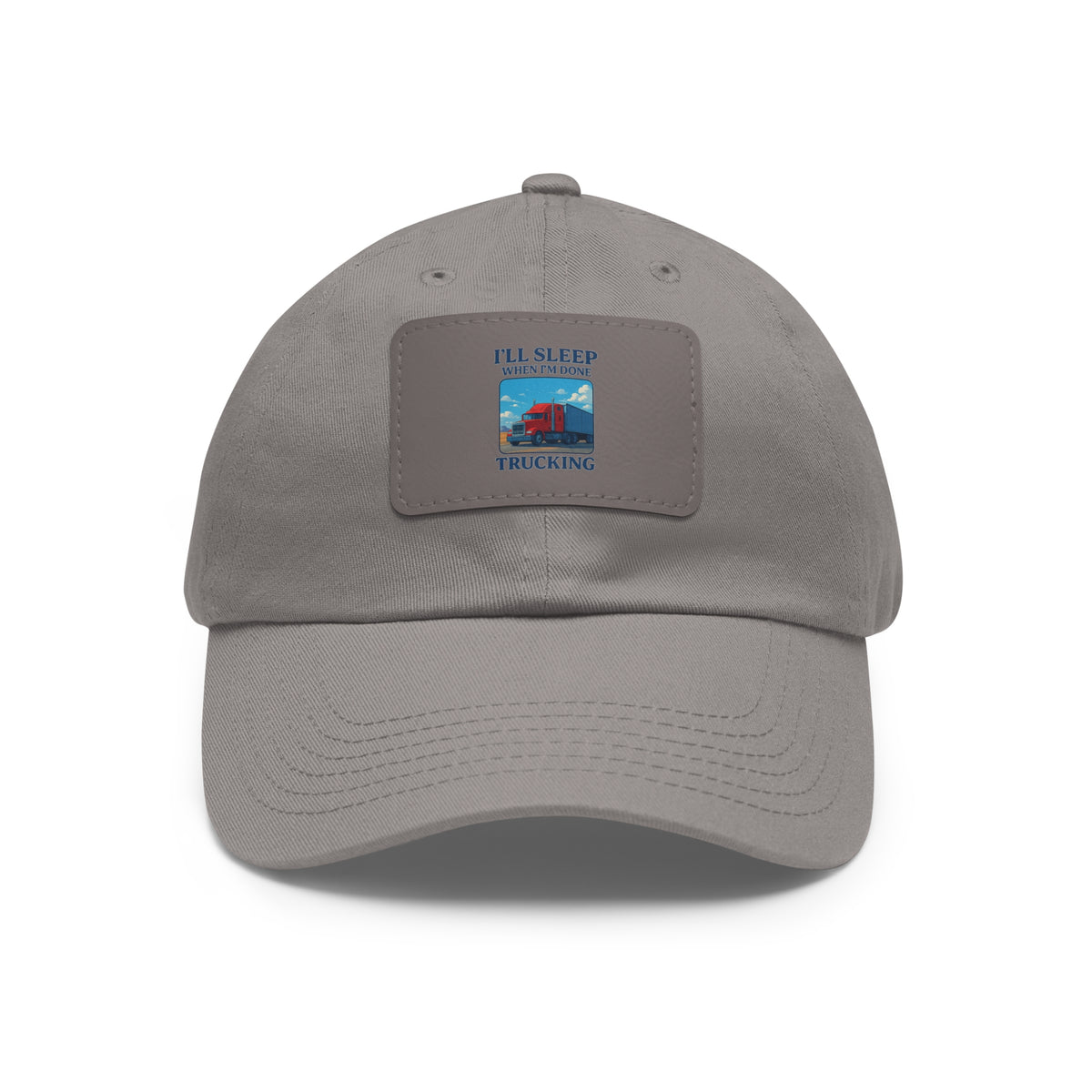 White trucking dad hat by Printify with a leather patch and full sleep design, featuring a structured cap and adjustable fit.