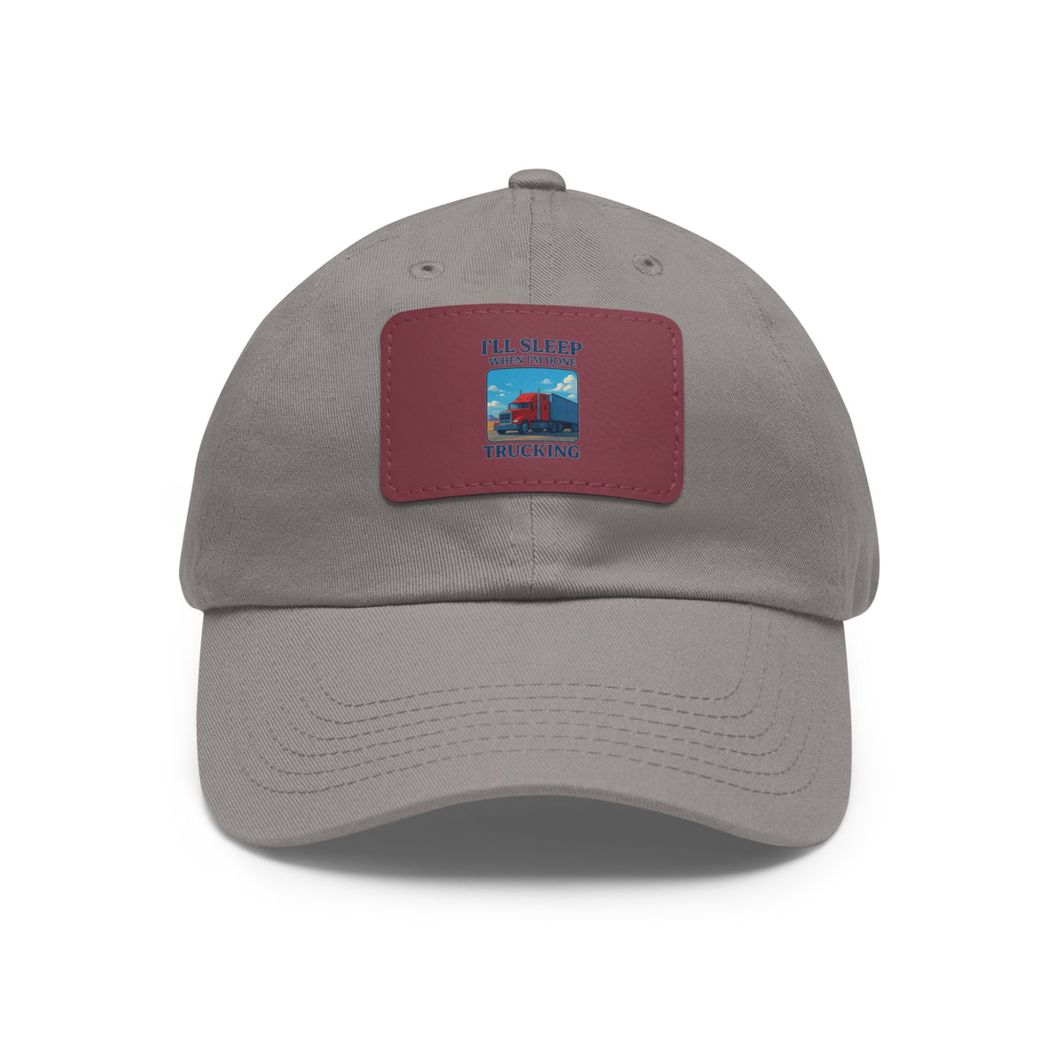 White trucking dad hat with a leather patch and full sleep design, featuring a structured brim and adjustable strap.