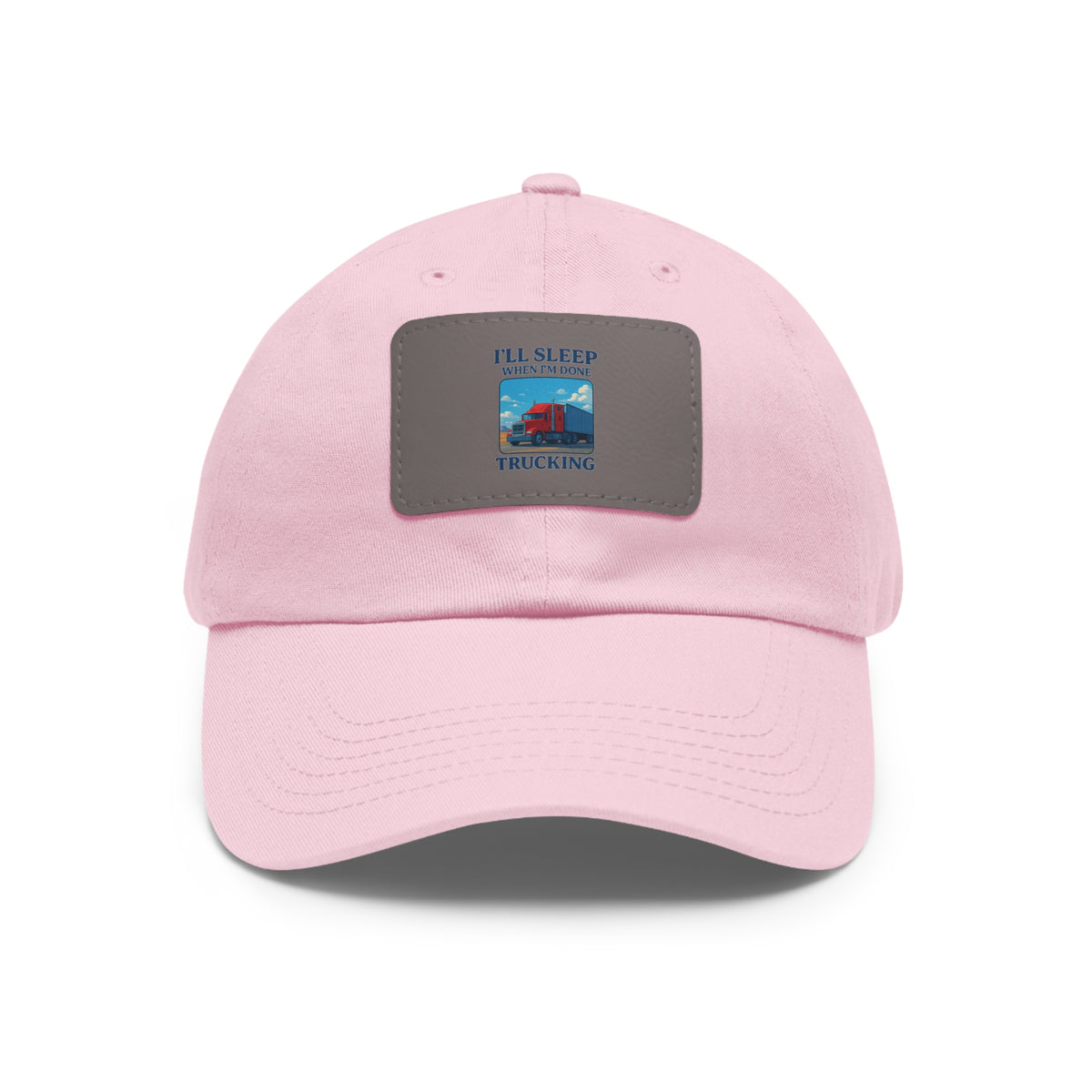 White trucking dad hat with a leather patch and full sleep design, featuring a rectangle patch and adjustable fit.