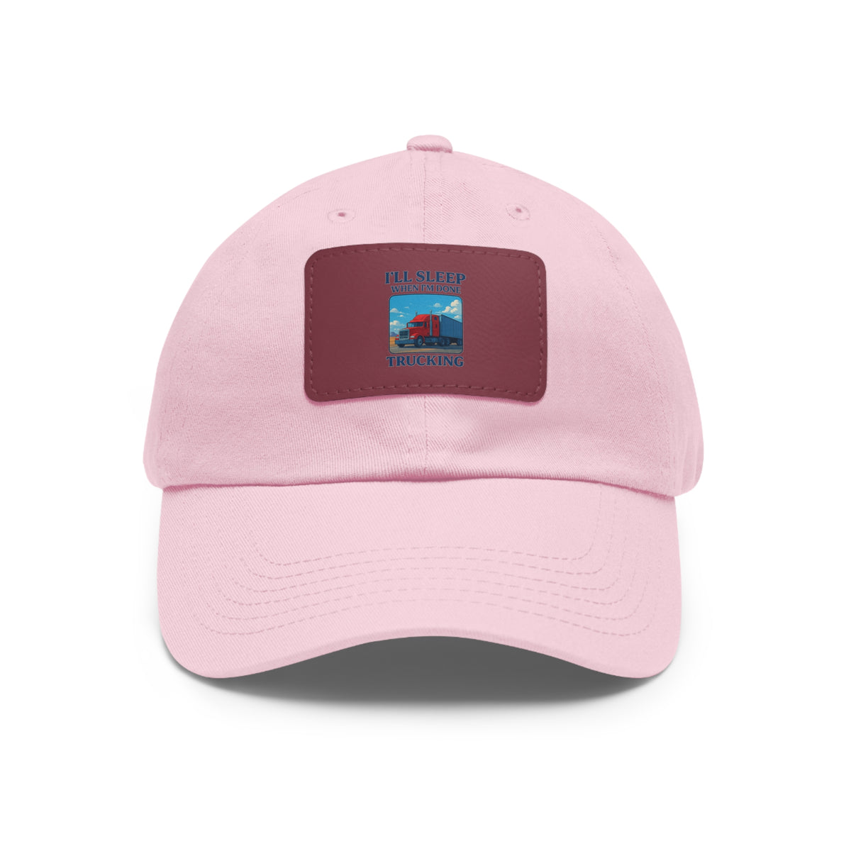 White trucking dad hat with light brown leather patch and full sleep design, casual and stylish hat by Printify.