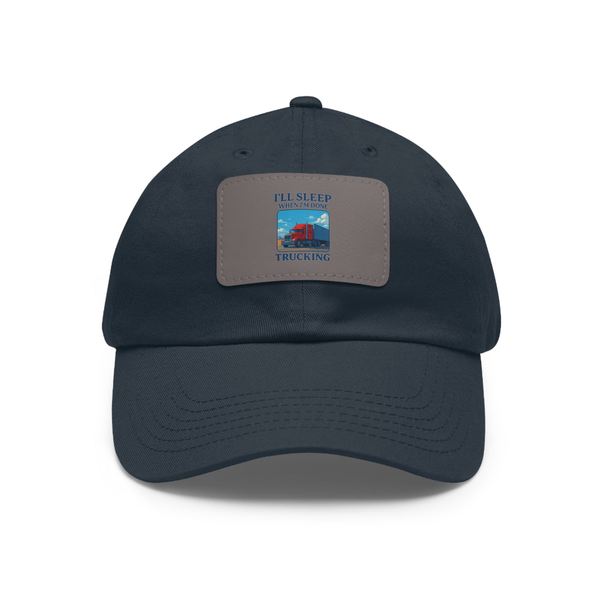 White trucking dad hat with a leather patch and full sleep design, featuring a rectangle patch and adjustable fit.