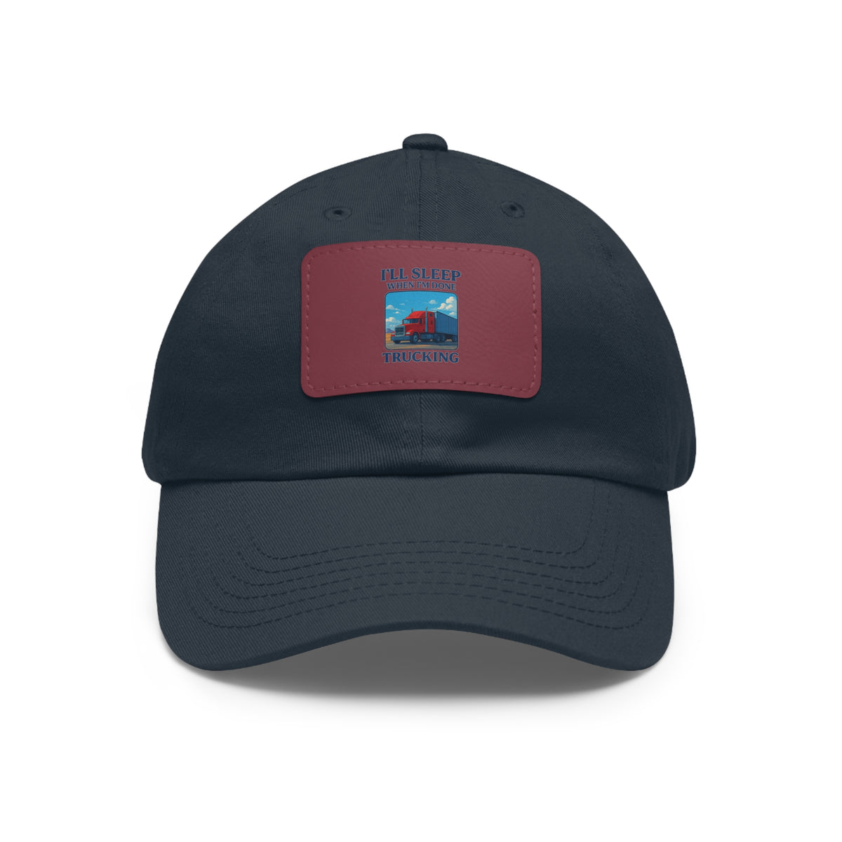White trucking dad hat with light brown leather patch and full sleep design, casual hat by Printify.