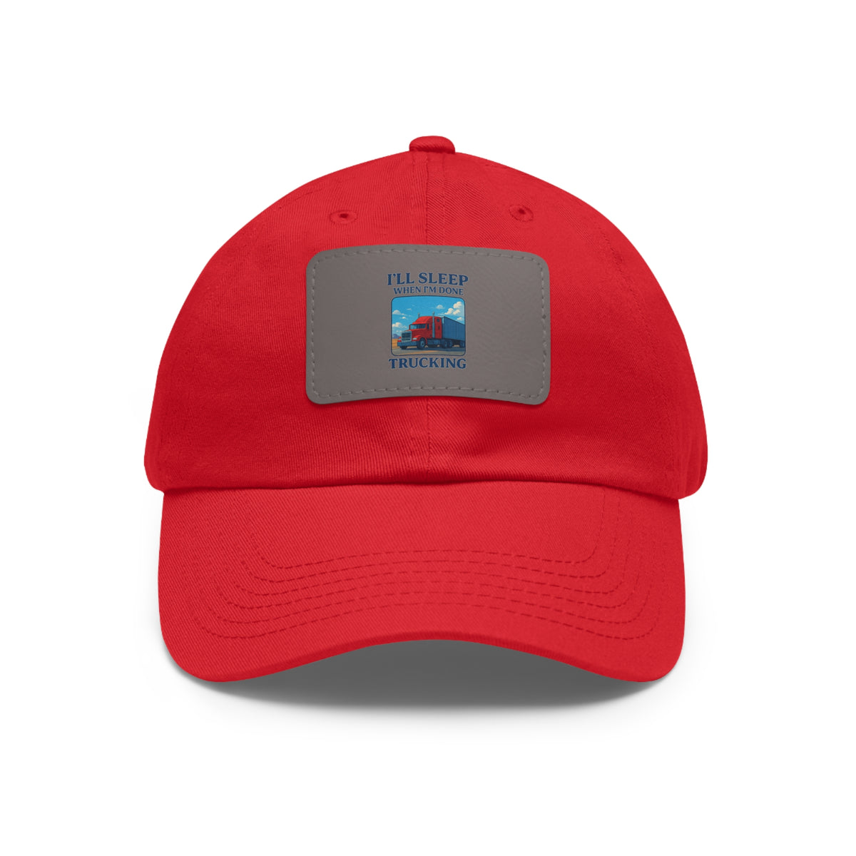 White trucking dad hat with light brown leather patch and full sleep design, casual hat by Printify.
