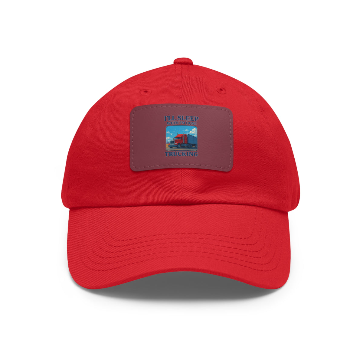 White trucking dad hat by Printify featuring a leather patch and full sleep design, casual hat with adjustable fit.