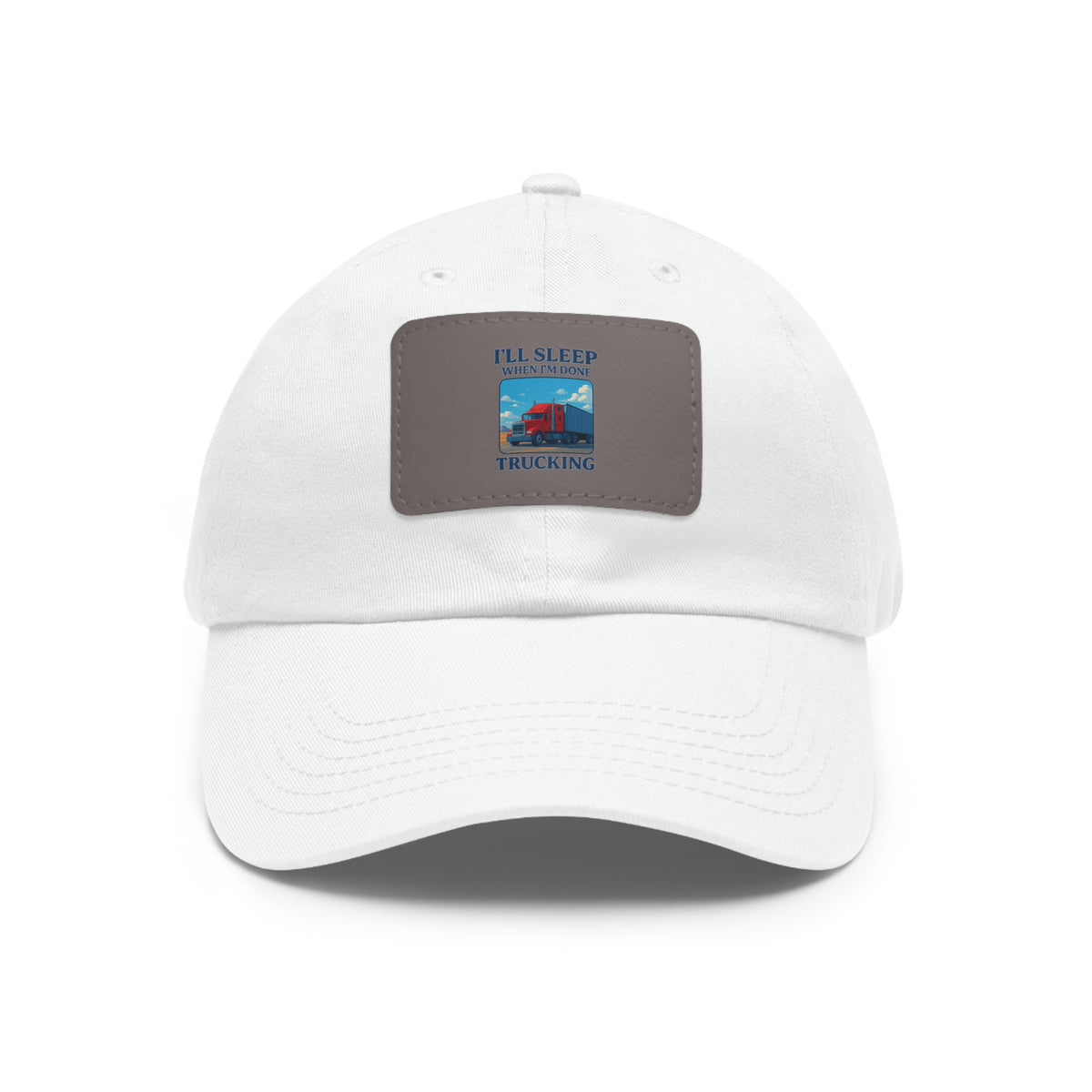 White trucking dad hat with a leather patch and full sleep design, featuring a rectangular patch on the front, by Printify.