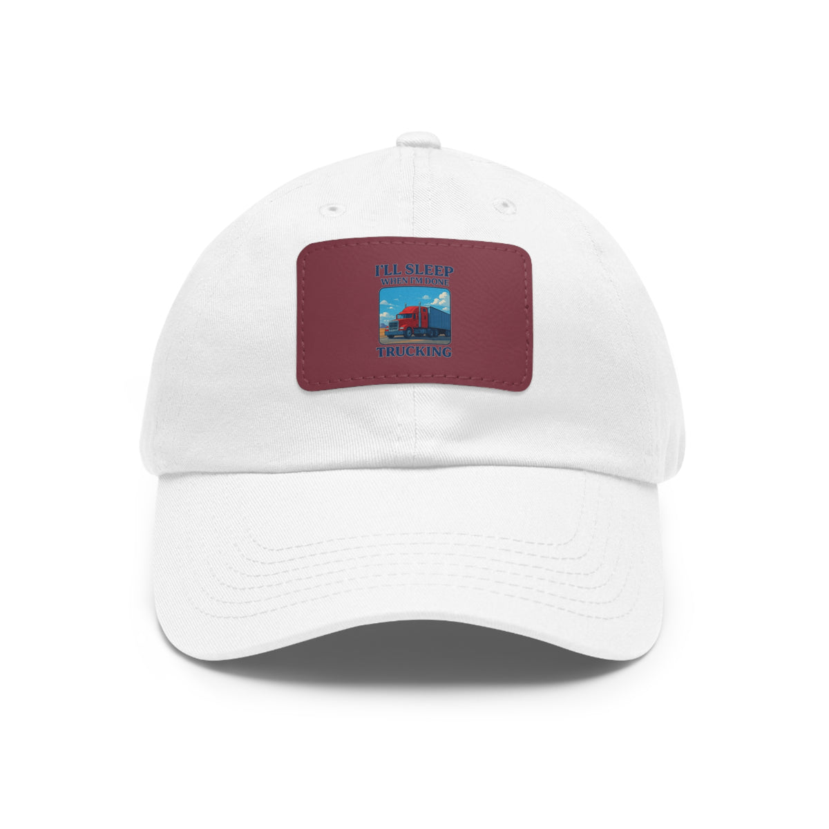 White trucking dad hat with light brown leather patch and full sleep design, casual accessory for truck drivers.
