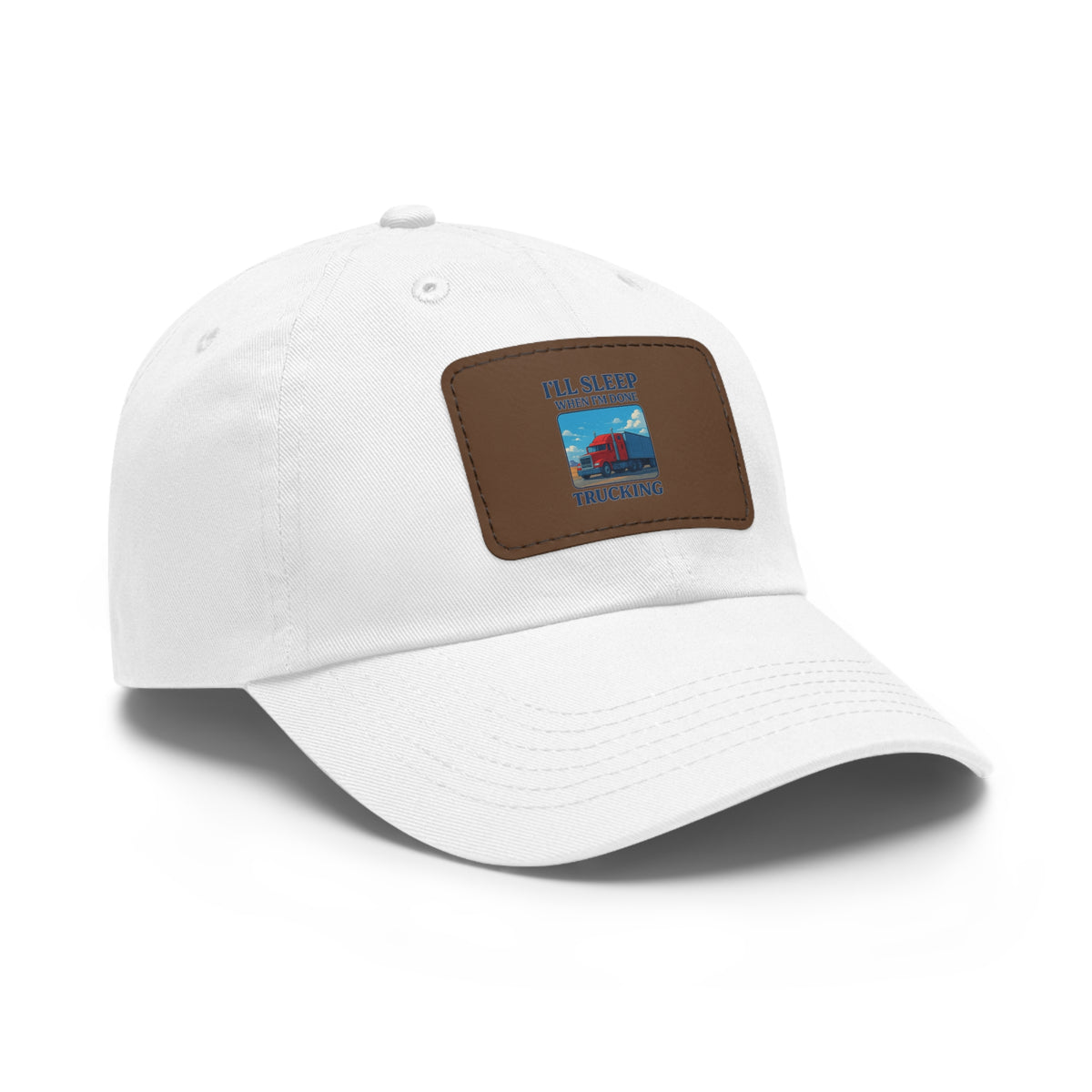 White trucking dad hat with light brown leather patch and full sleep design, casual hat by Printify featuring adjustable fit.