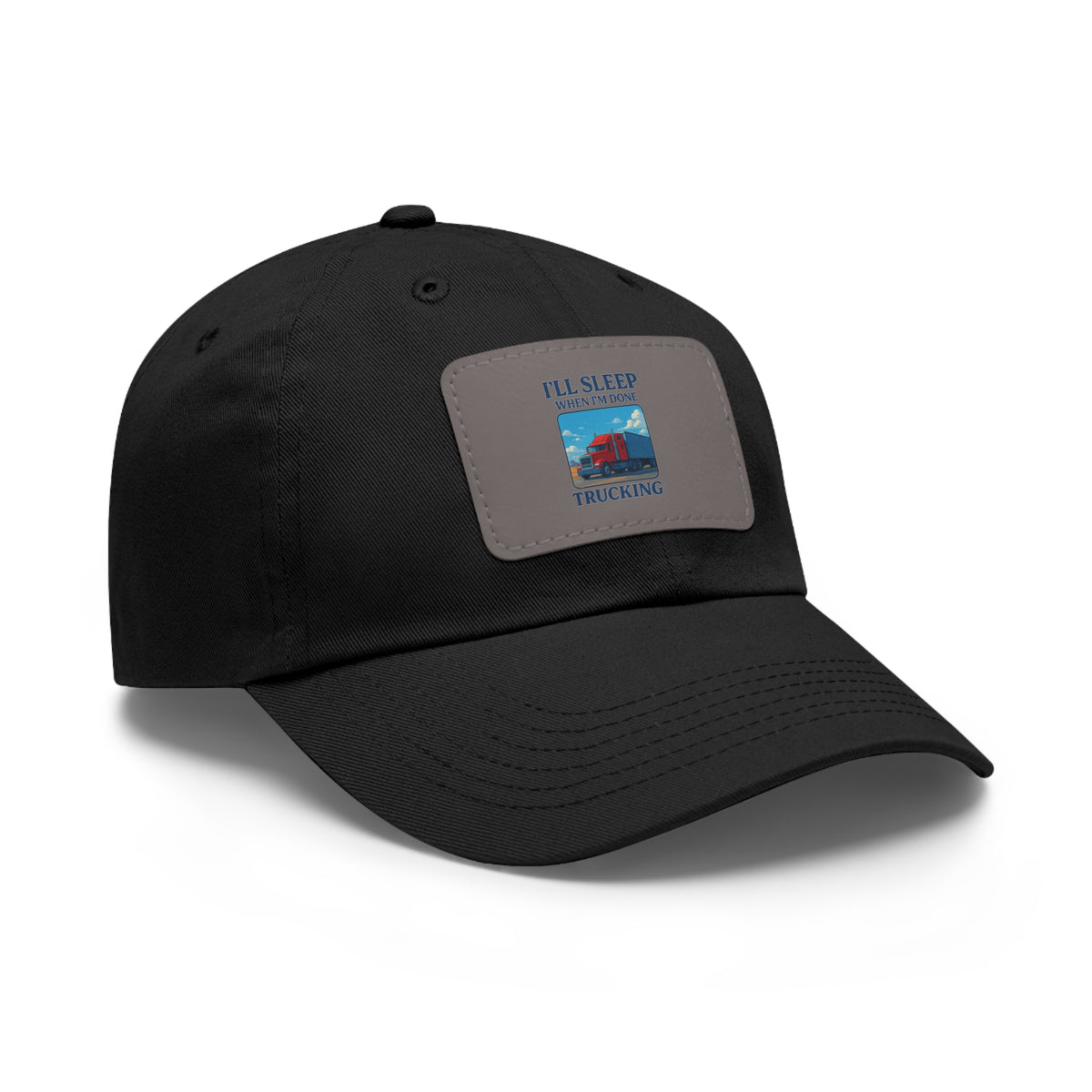 White trucking dad hat with light brown leather patch and full sleep design, casual hat style by Printify