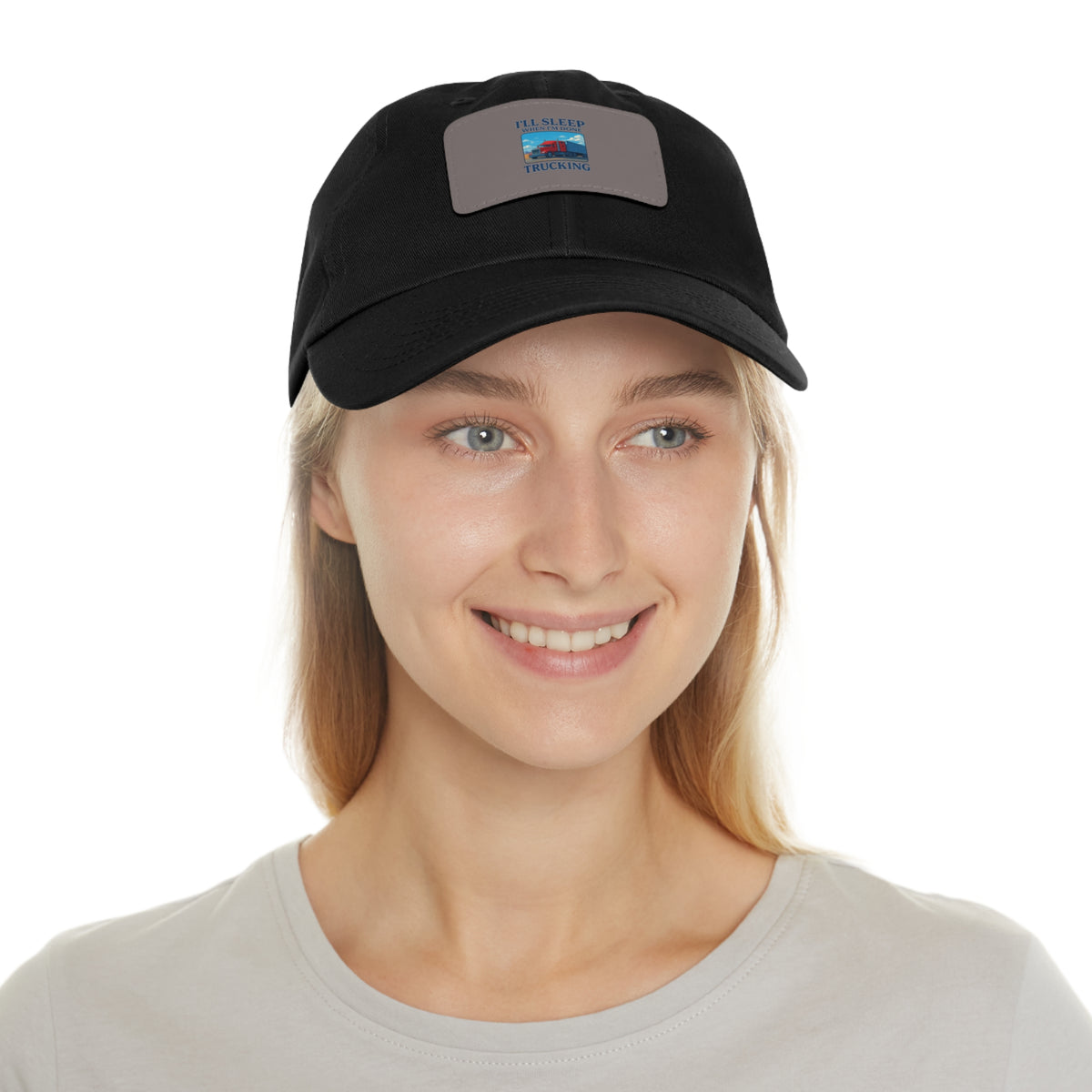 White trucking dad hat with light brown leather patch and full sleep design, casual hat by Printify.