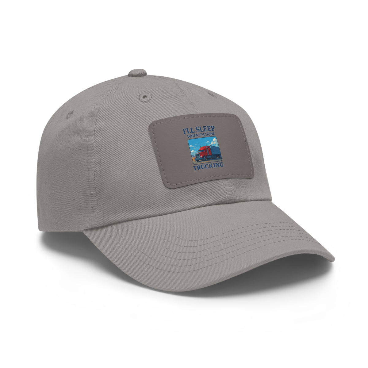 White trucking dad hat by Printify featuring a leather patch and full sleep design, casual hat with adjustable fit.
