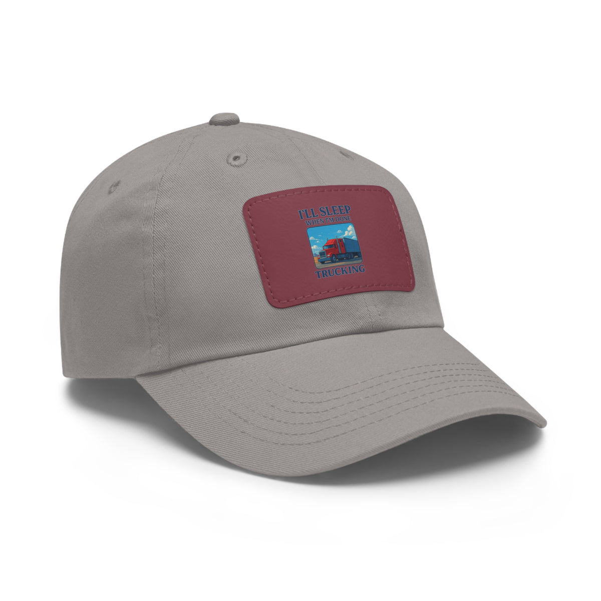 White trucking dad hat with light brown leather patch and full sleep design, casual hats by Printify