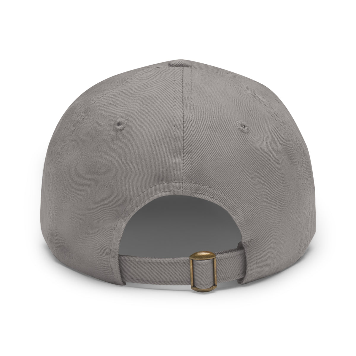 White trucking dad hat with a light brown leather patch and full sleep design, featuring a classic baseball cap style by Printify.