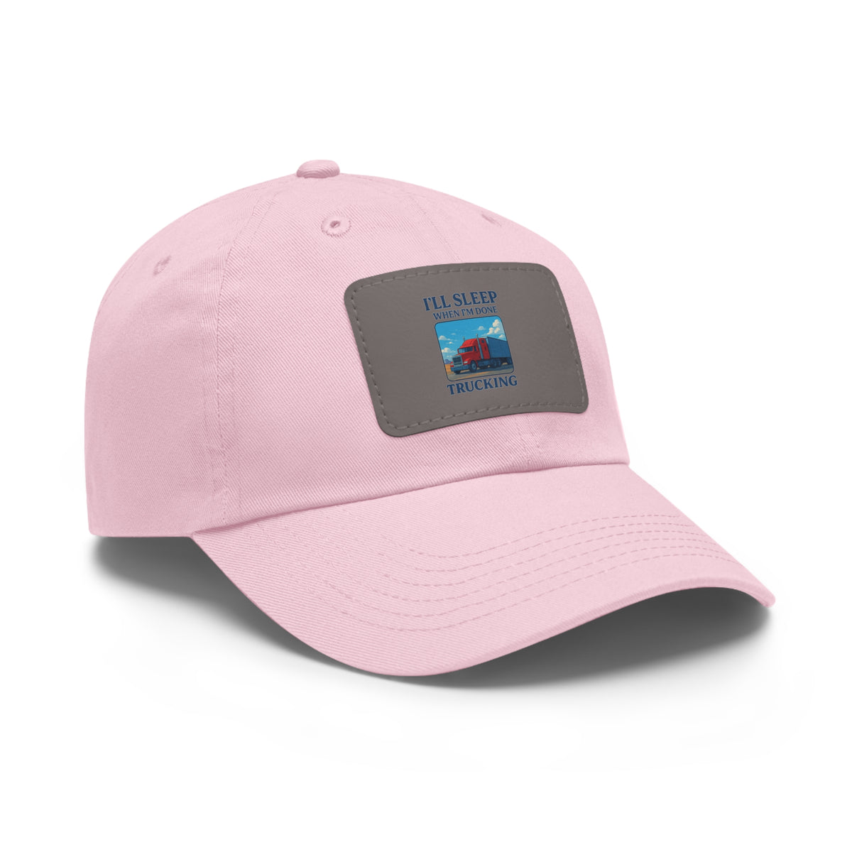 White trucking dad hat with light brown leather patch and full sleep design, casual style, adjustable fit, by Printify.