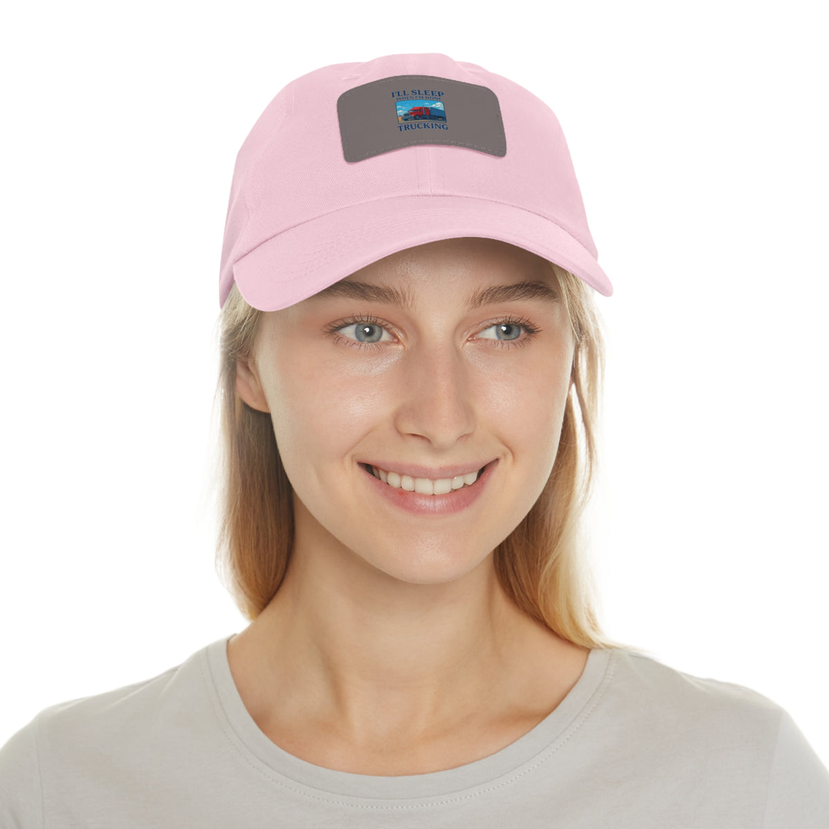 White trucking dad hat with light brown leather patch and full sleep design, adjustable hat from Printify.