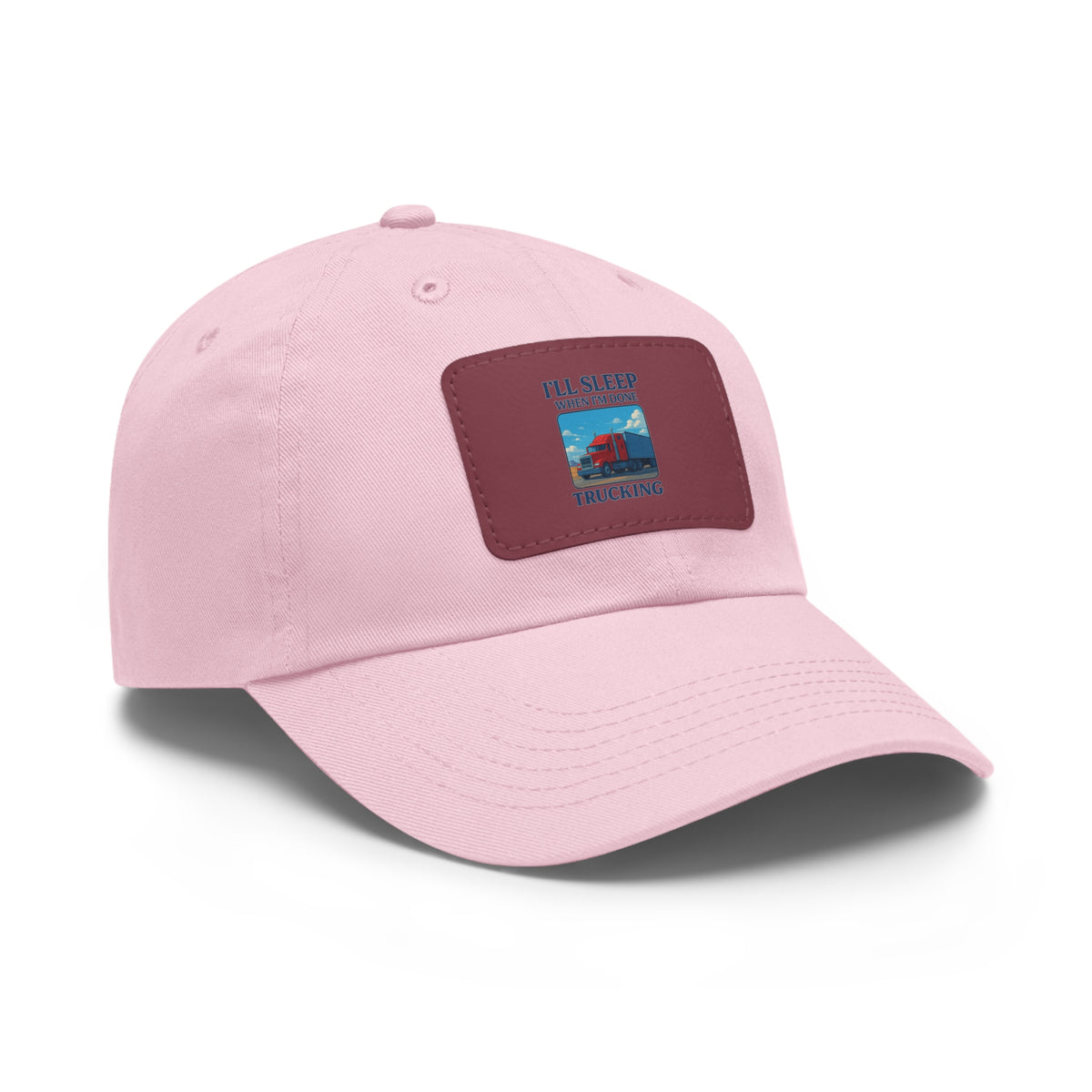 White trucking dad hat with light brown leather patch and full sleep design, casual hat by Printify featuring a relaxed style.