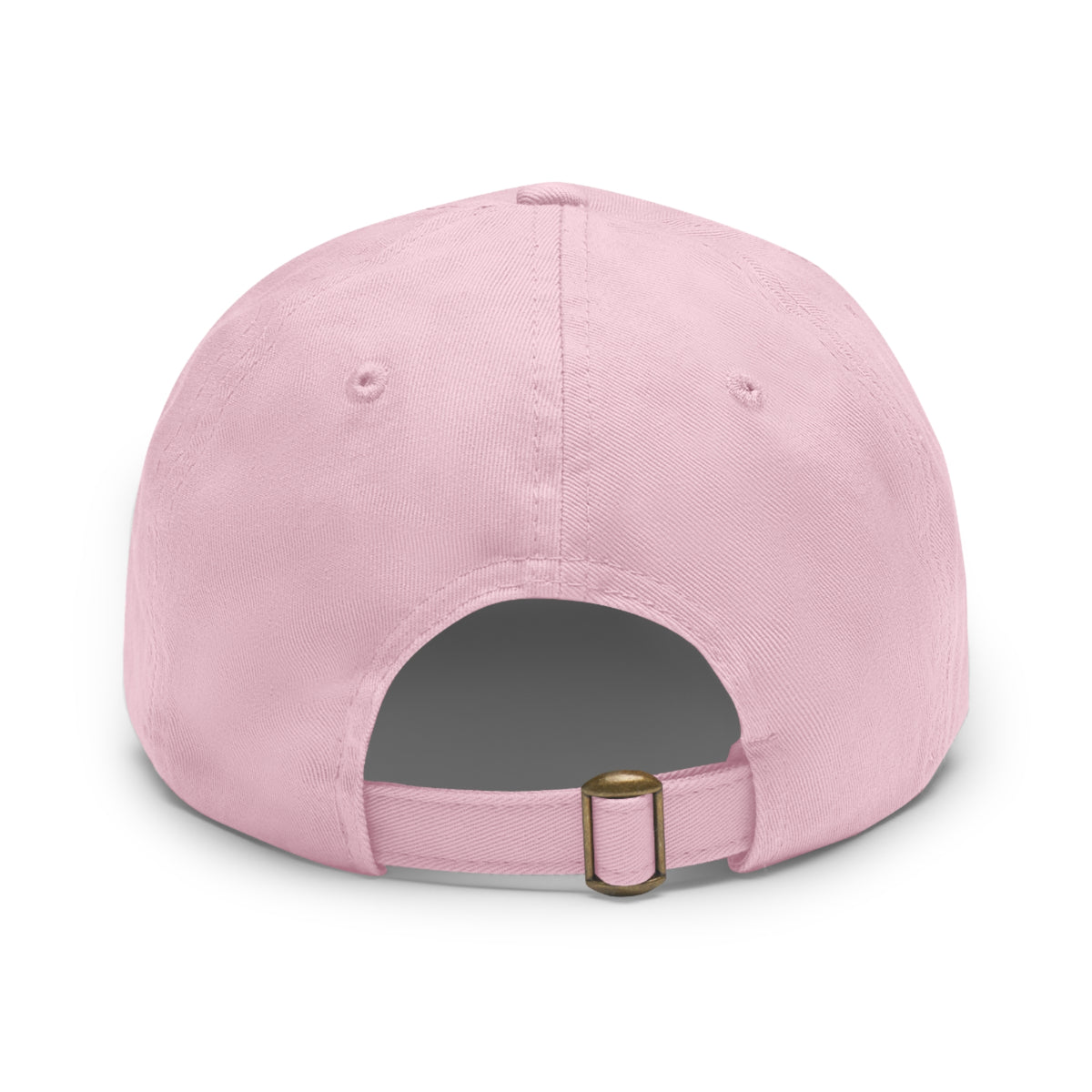 White trucking dad hat with a leather patch and full sleep design, featuring a light brown rectangle patch on the front.
