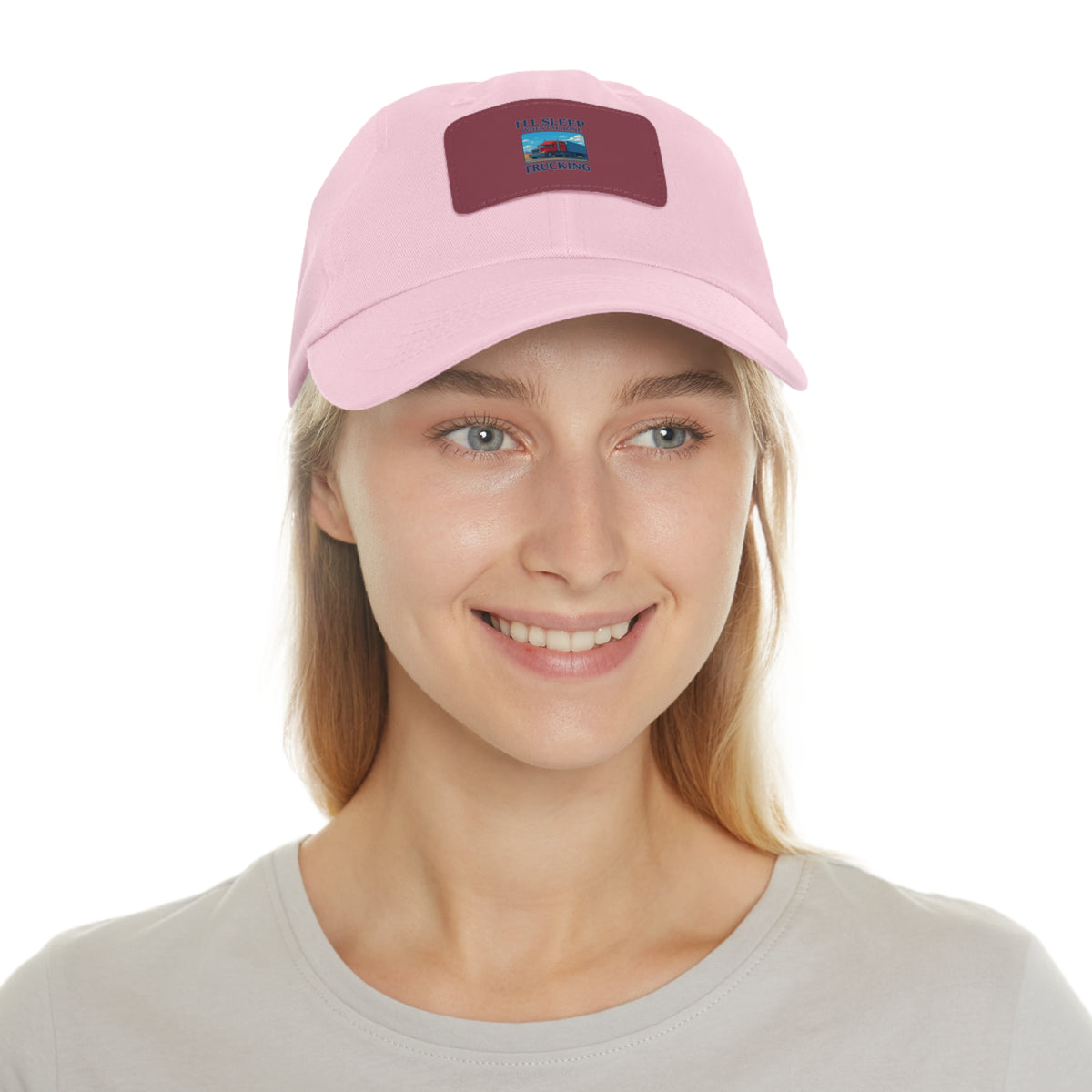 White trucking dad hat with light brown leather patch and full sleep design, featuring a casual hat style from Printify.