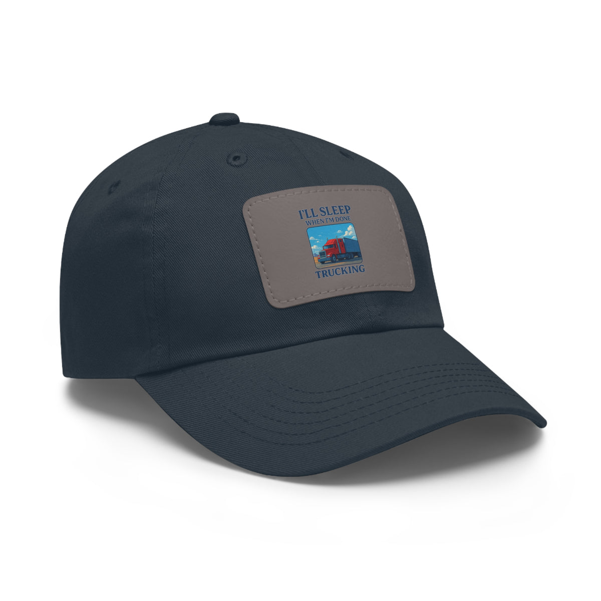 White trucking dad hat with a leather patch and full sleep design, casual style, by Printify.