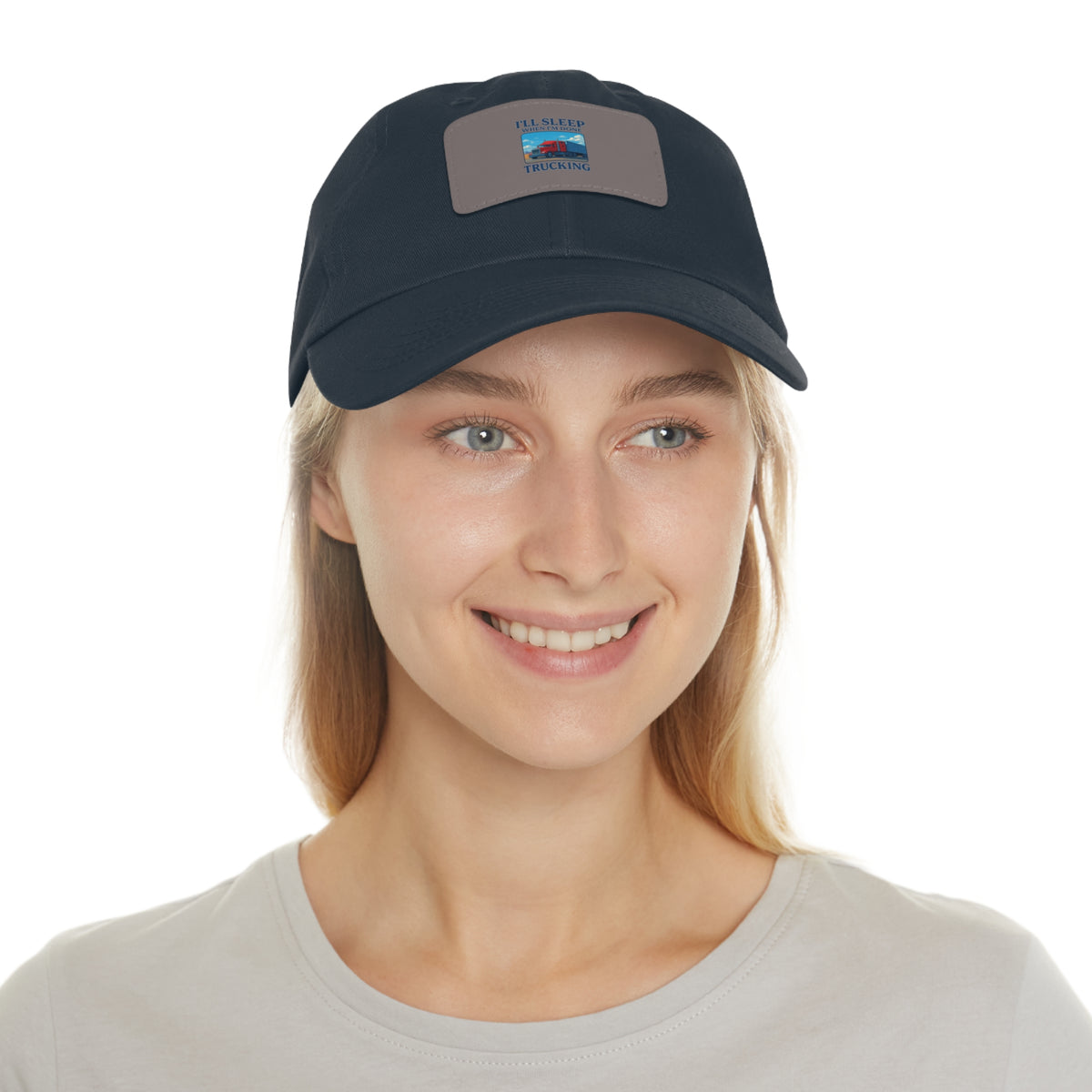White trucking dad hat by Printify featuring a leather patch and full sleep design, casual style for everyday wear.