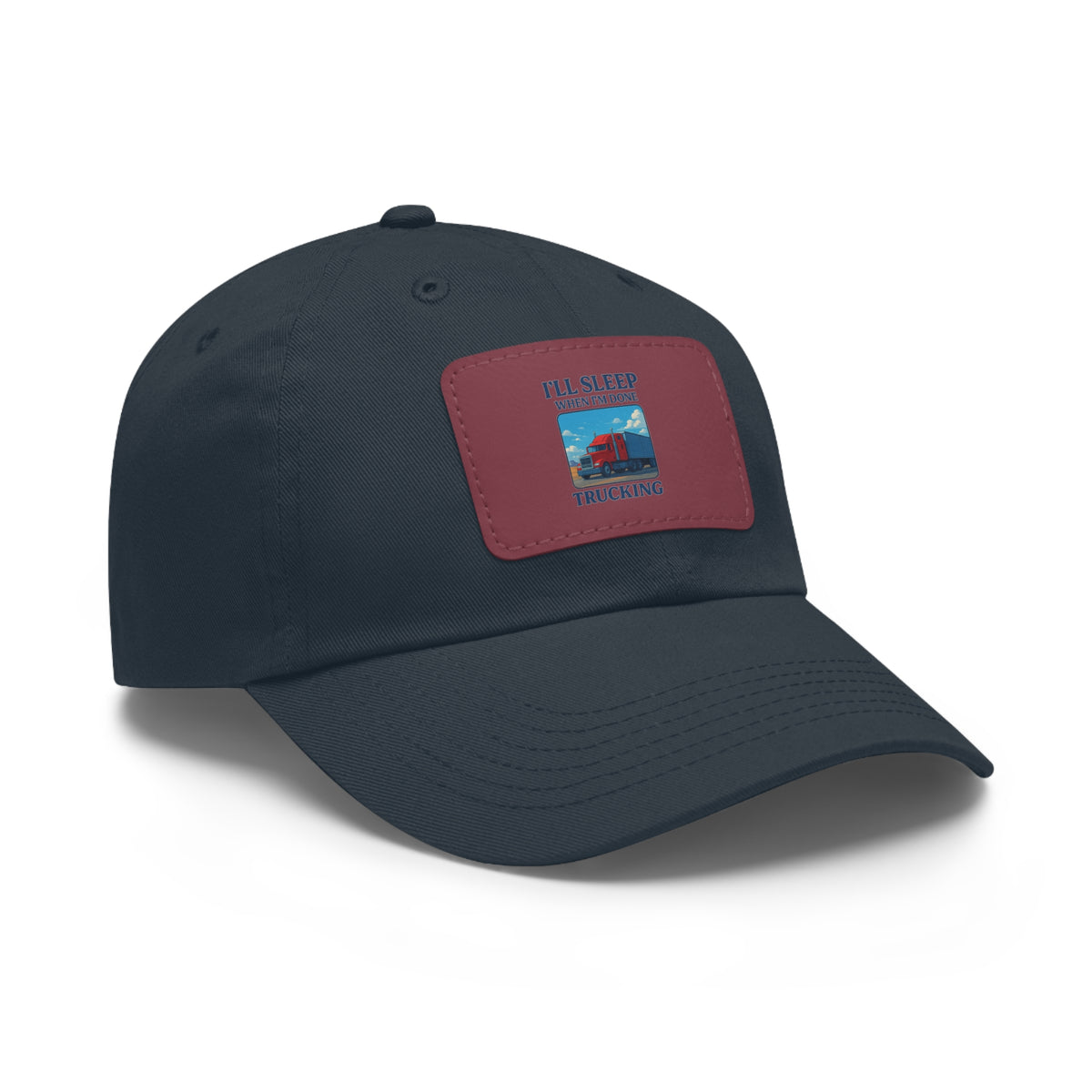 White trucking dad hat with light brown leather patch and full sleep design, casual baseball cap by Printify.