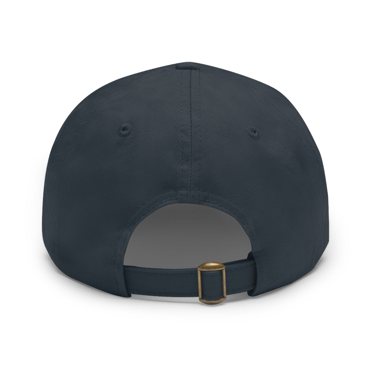 White trucking dad hat with light brown leather patch and full sleep design, casual hat by Printify with adjustable fit