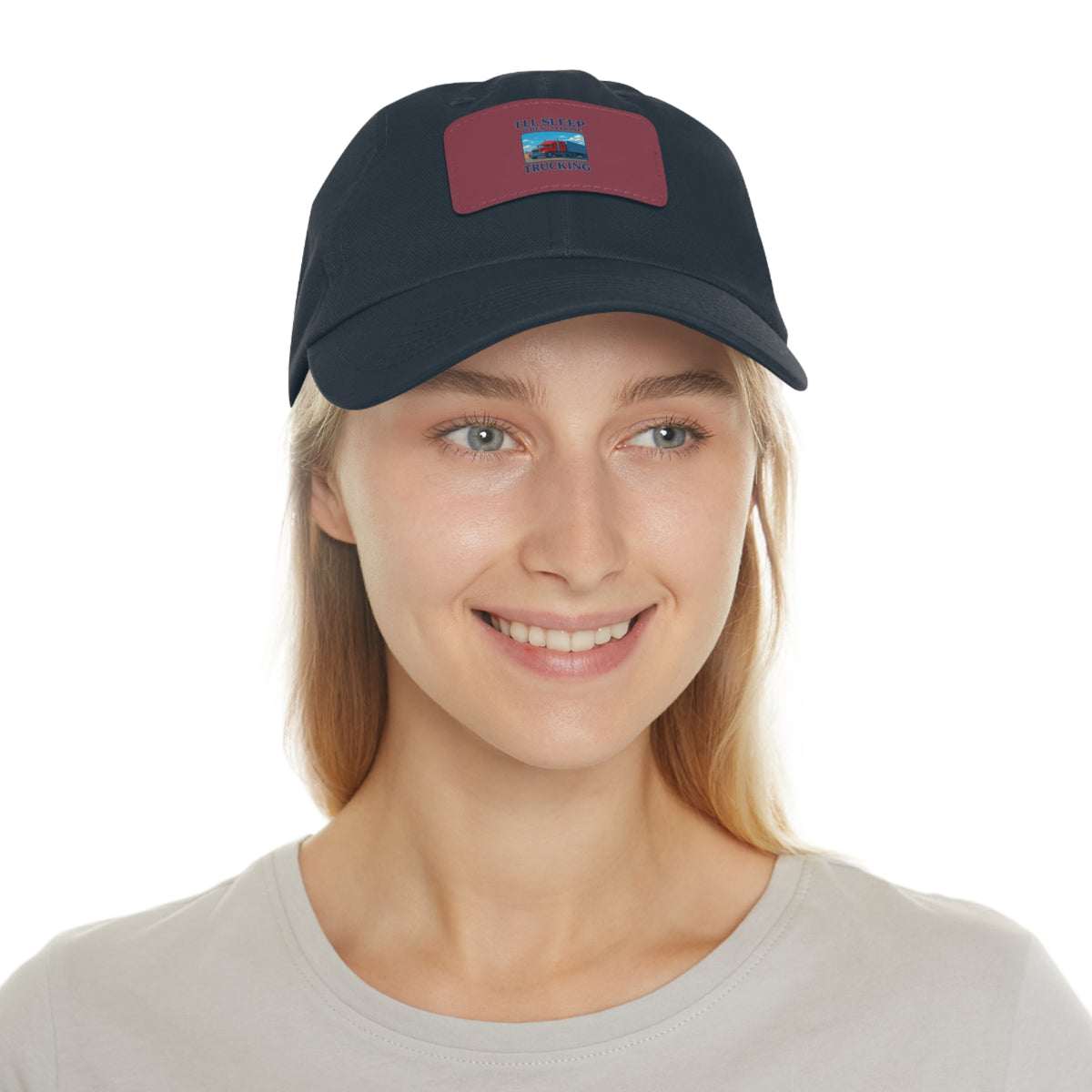 White trucking dad hat with light brown leather patch and full sleep design, casual hat by Printify.